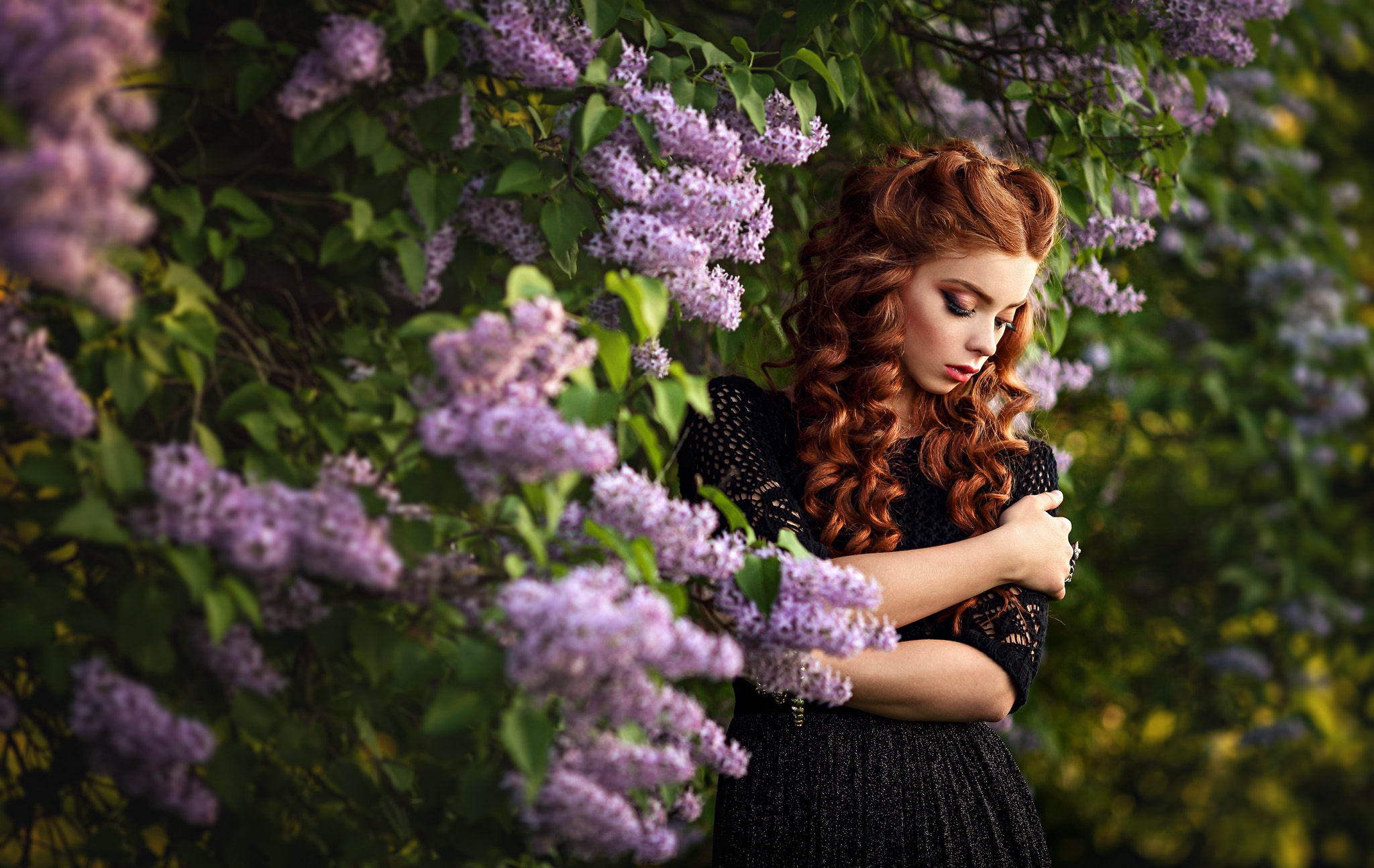 Download mobile wallpaper Flower, Redhead, Mood, Model, Women, Black Dress for free.