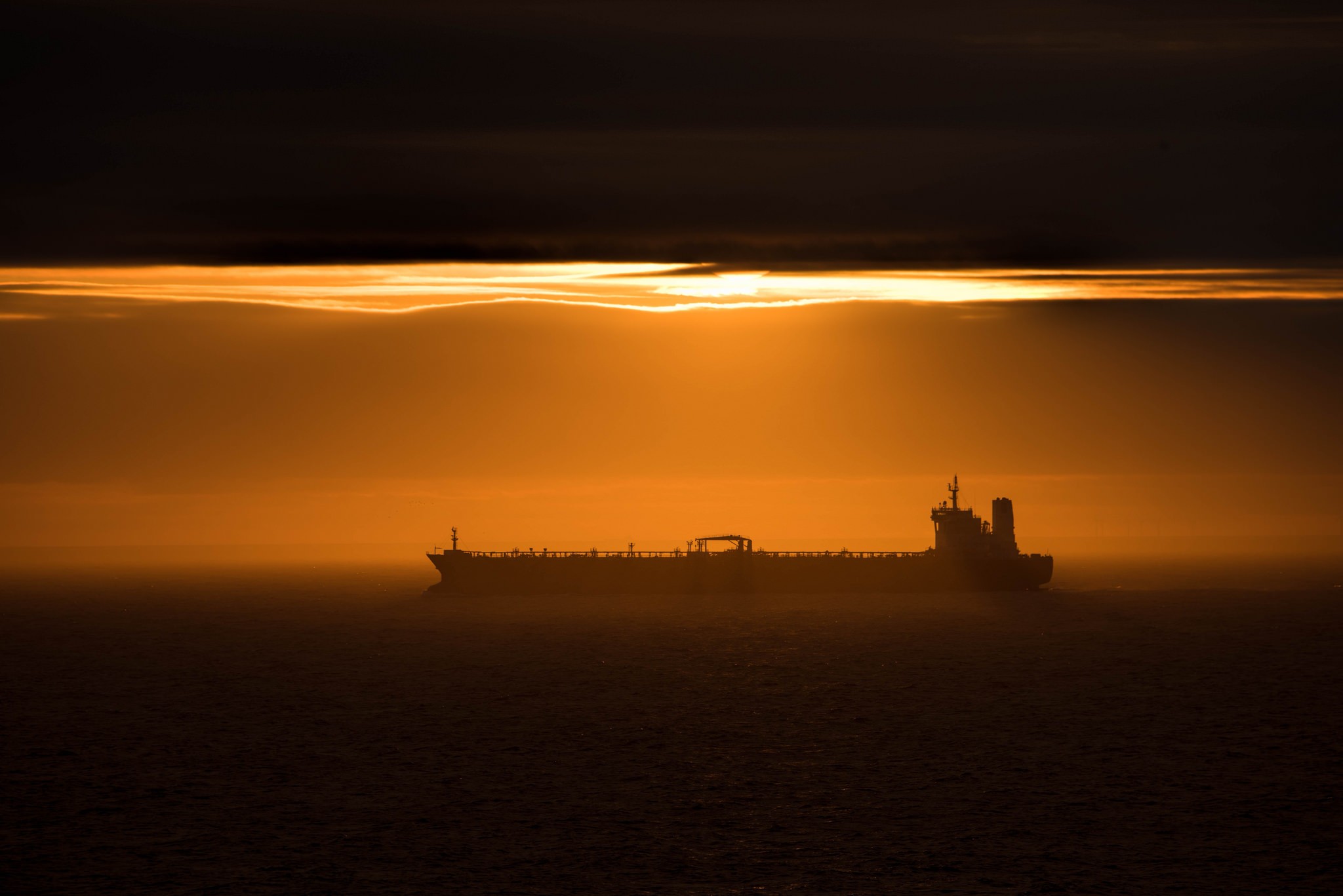 ship, vehicles, tanker, sea, silhouette, sunset