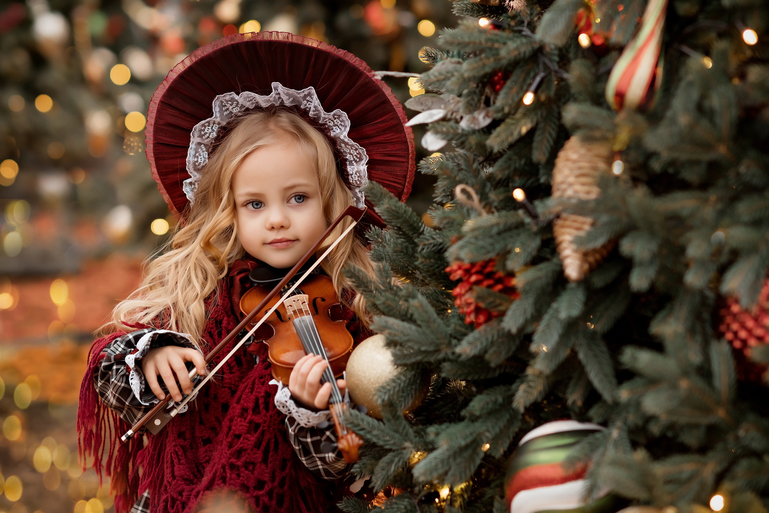 Download mobile wallpaper Child, Blonde, Hat, Photography, Violin for free.