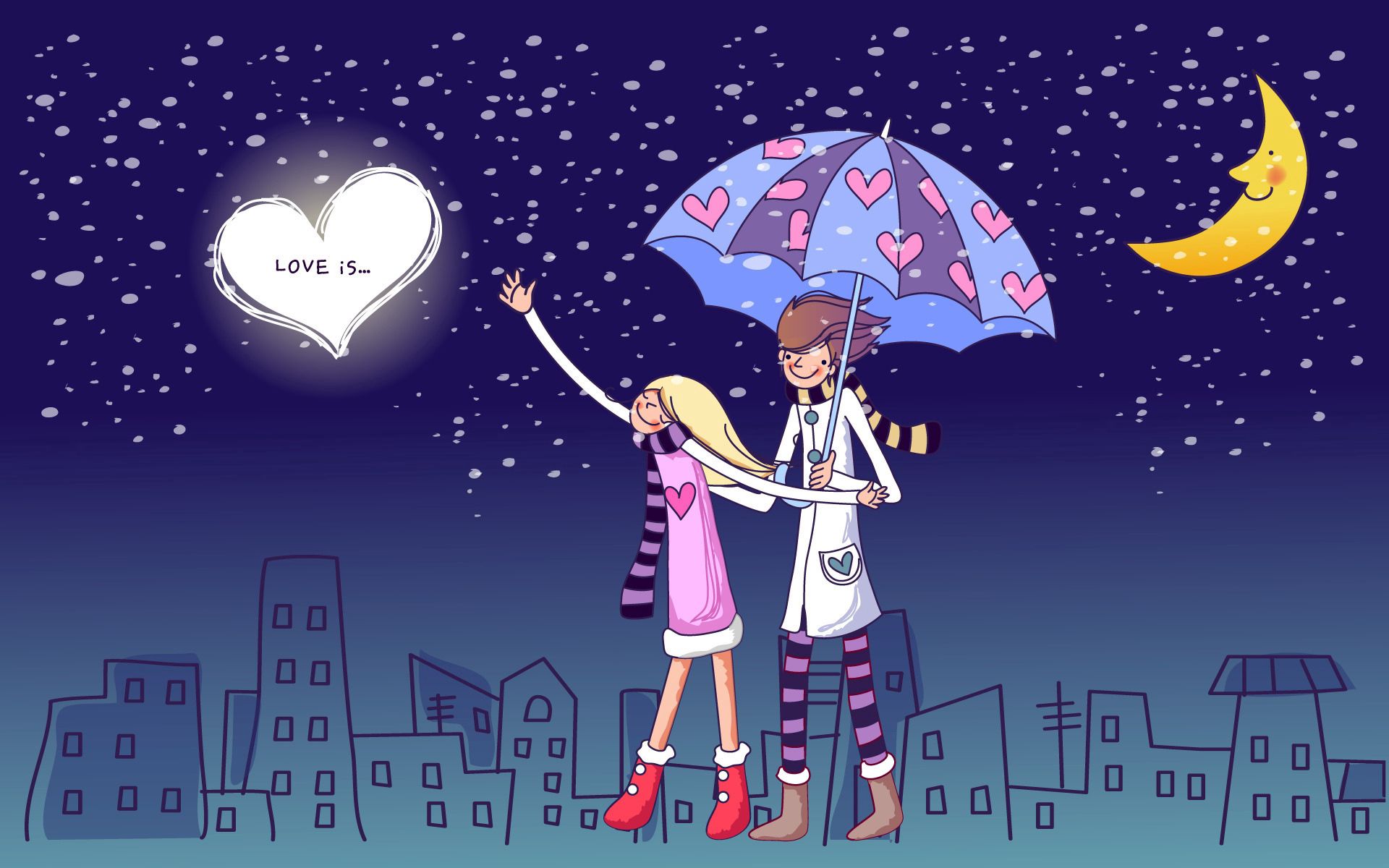 love, city, vector, couple, pair, evening, stroll, umbrella, relations