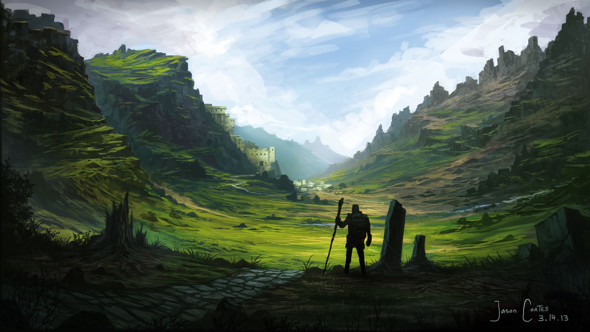 Free download wallpaper Landscape, Fantasy, Mountain, Field on your PC desktop