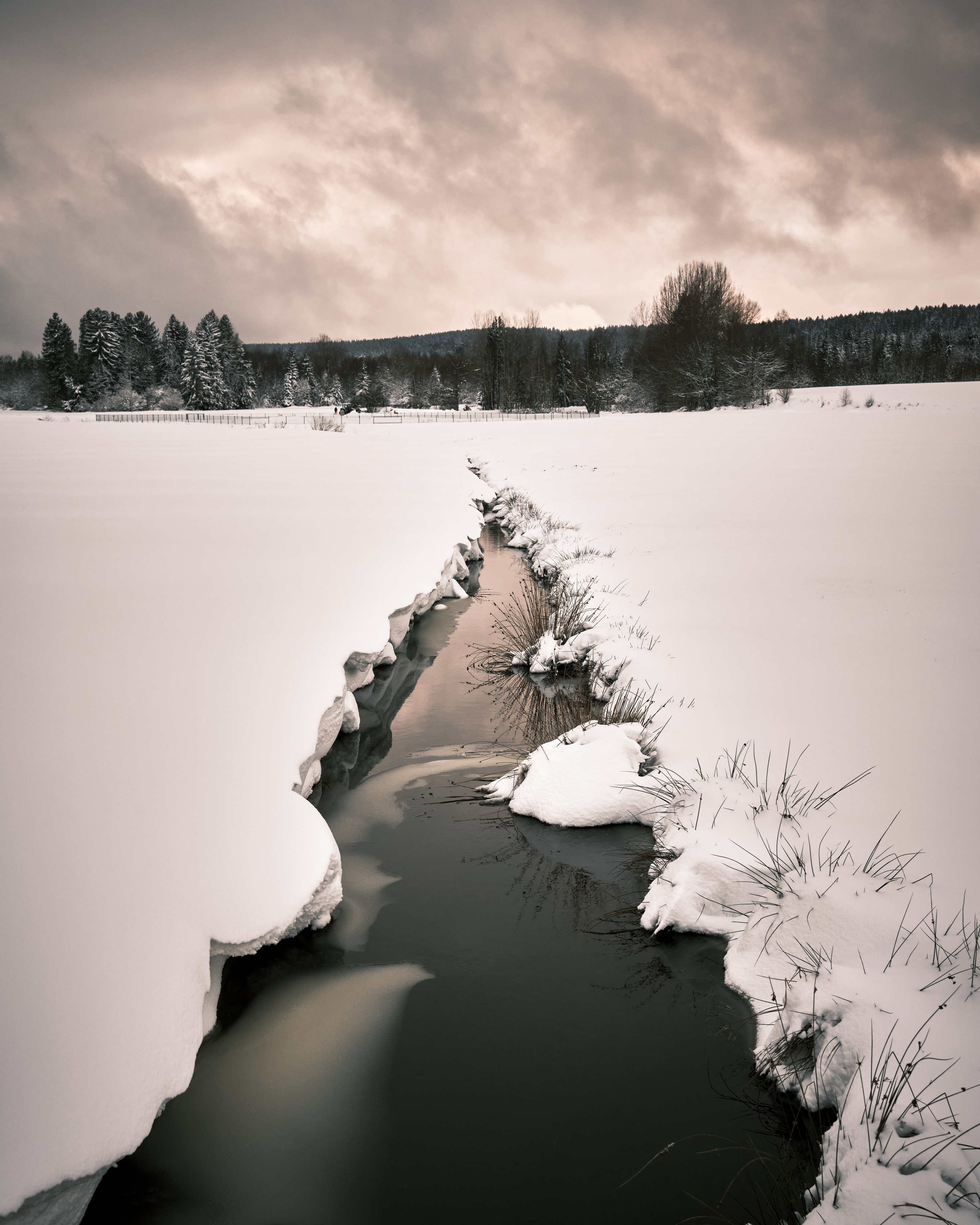 Download mobile wallpaper Field, Brook, Snow, Creek, Winter, Trees, Nature for free.