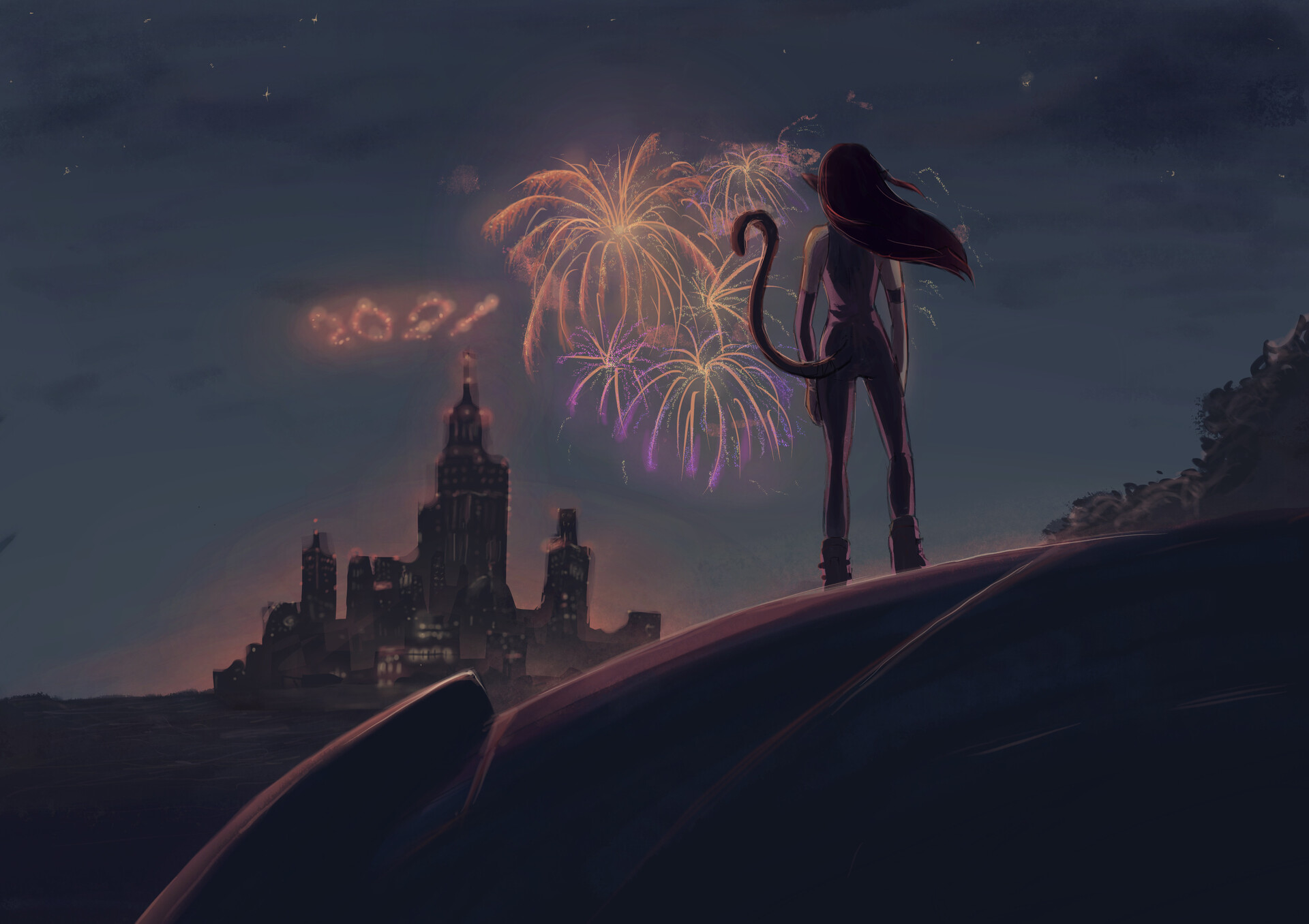Free download wallpaper Anime, Fireworks, Cat Girl, New Year 2021 on your PC desktop