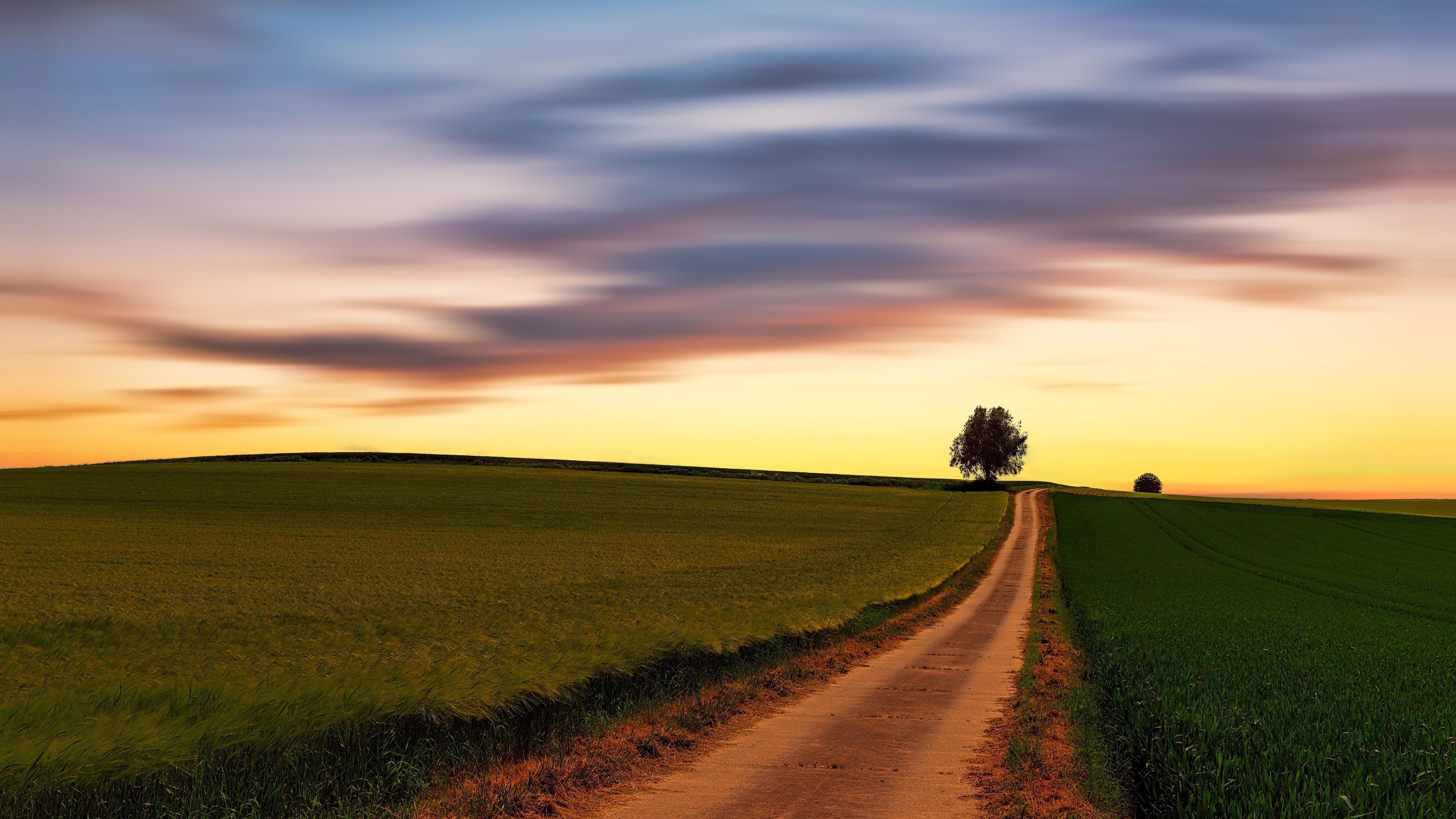 Free download wallpaper Sunset, Sky, Field, Path, Cloud, Man Made on your PC desktop