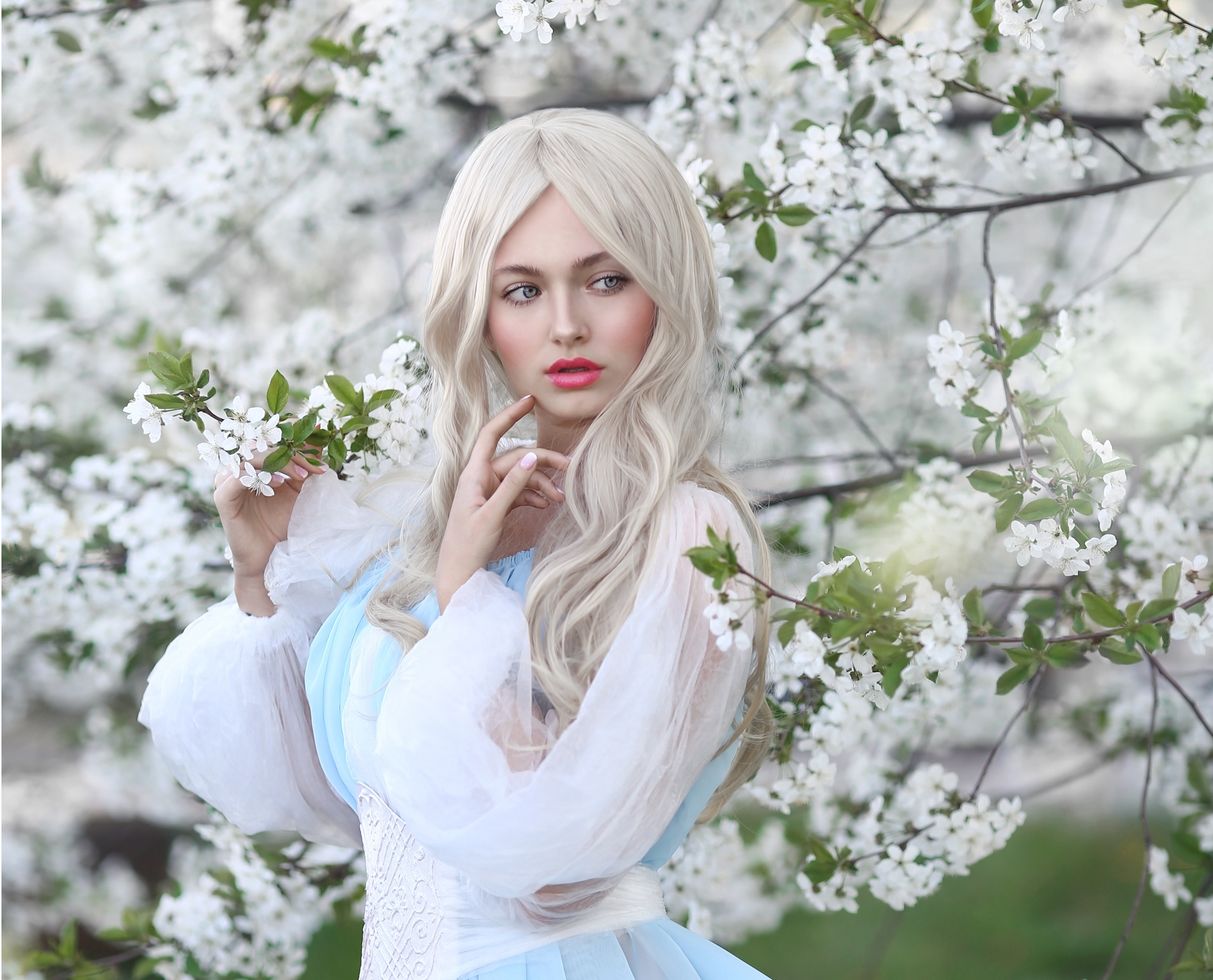 Free download wallpaper Model, Women, Blue Eyes, White Flower, Blossom, White Hair, Lipstick on your PC desktop