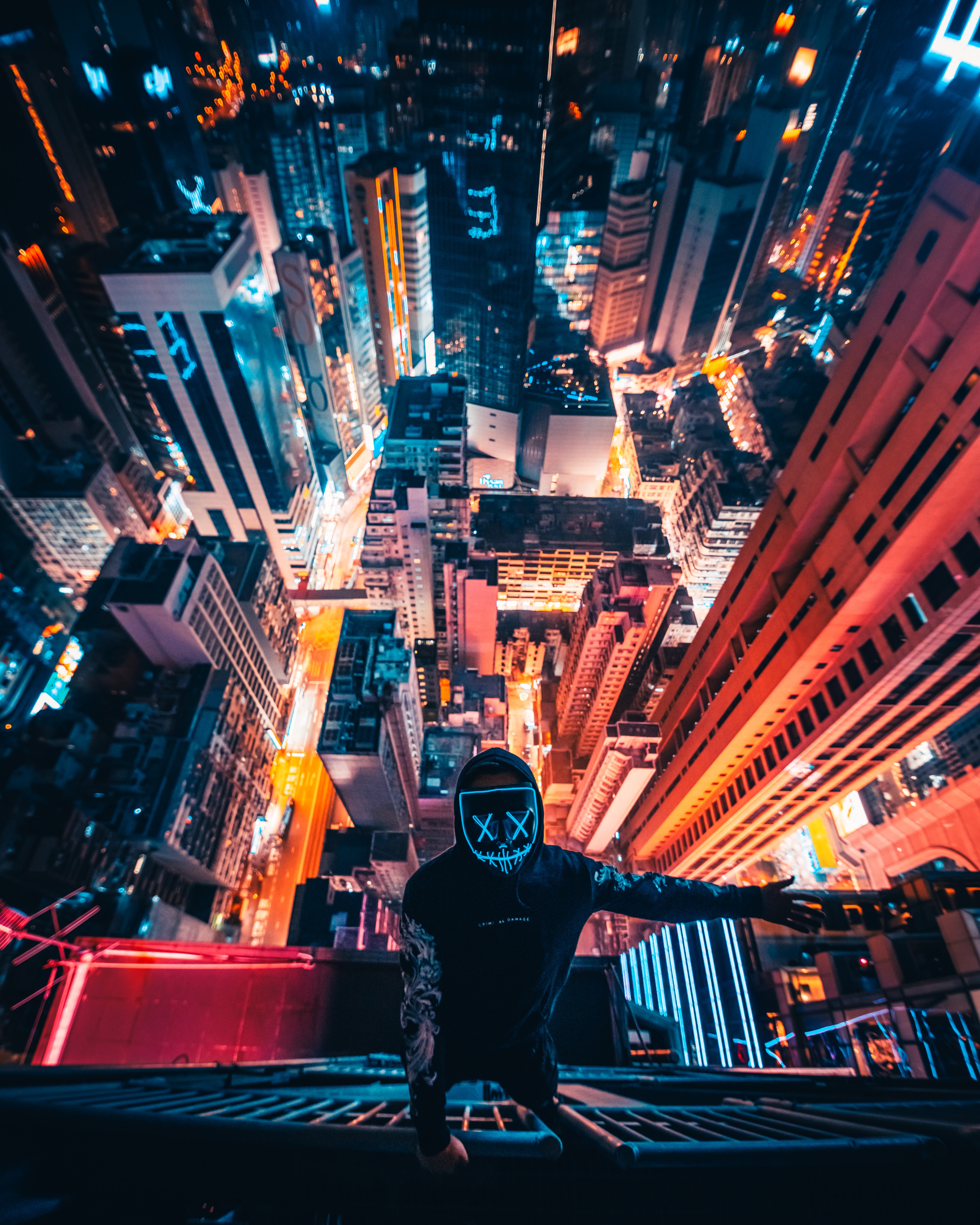 Free download wallpaper Night, Overview, Review, Skyscrapers, Height, Human, Person, Cities on your PC desktop