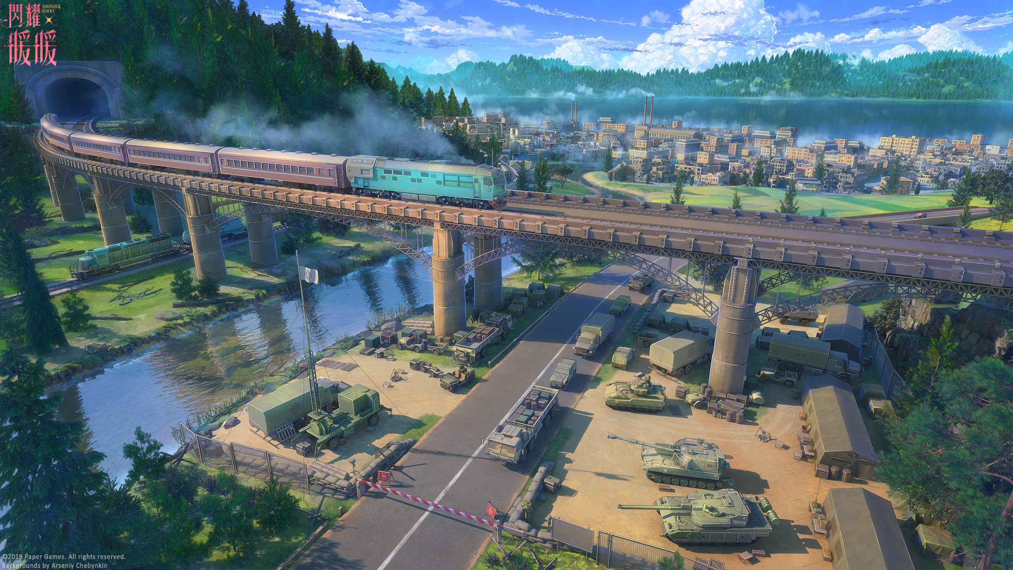 Free download wallpaper Anime, City, Lake, Road, Bridge, Tunnel, River, Train, Military, Tank on your PC desktop