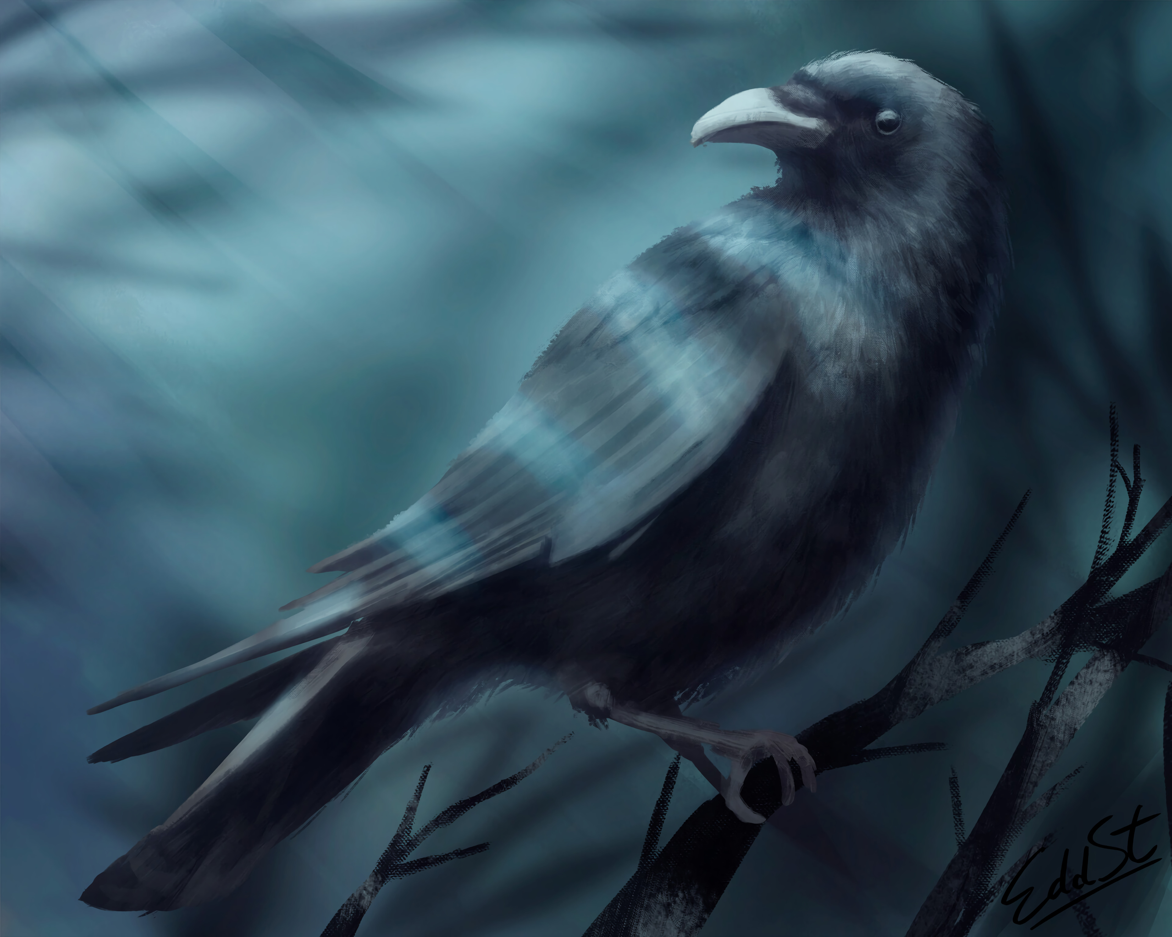 Download mobile wallpaper Branch, Bird, Raven, Art for free.