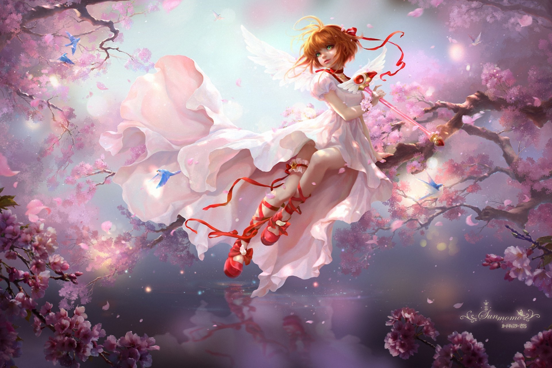 Download mobile wallpaper Fantasy, Sakura, Wings, Dress, Ribbon, Women, Blossom for free.