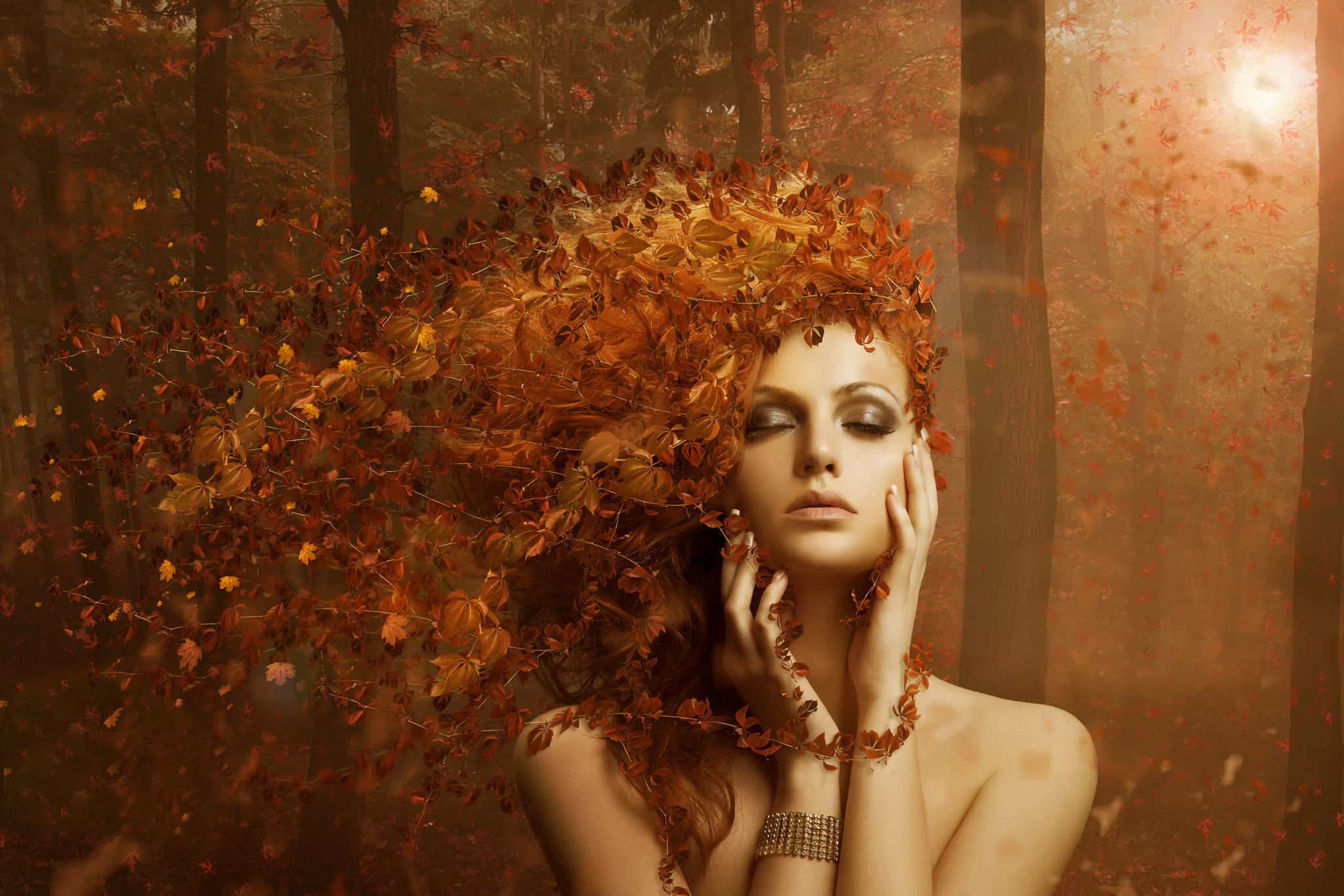 Free download wallpaper Fantasy, Leaf, Fall, Women, Red Hair on your PC desktop