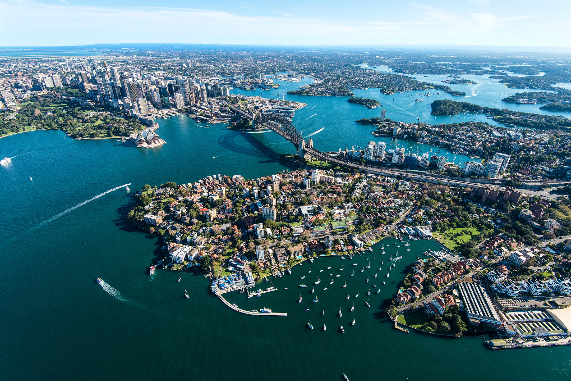 Download mobile wallpaper Cities, Sydney, City, Horizon, Cityscape, Australia, Aerial, Man Made, Sydney Harbour Bridge, Sydney Harbour for free.