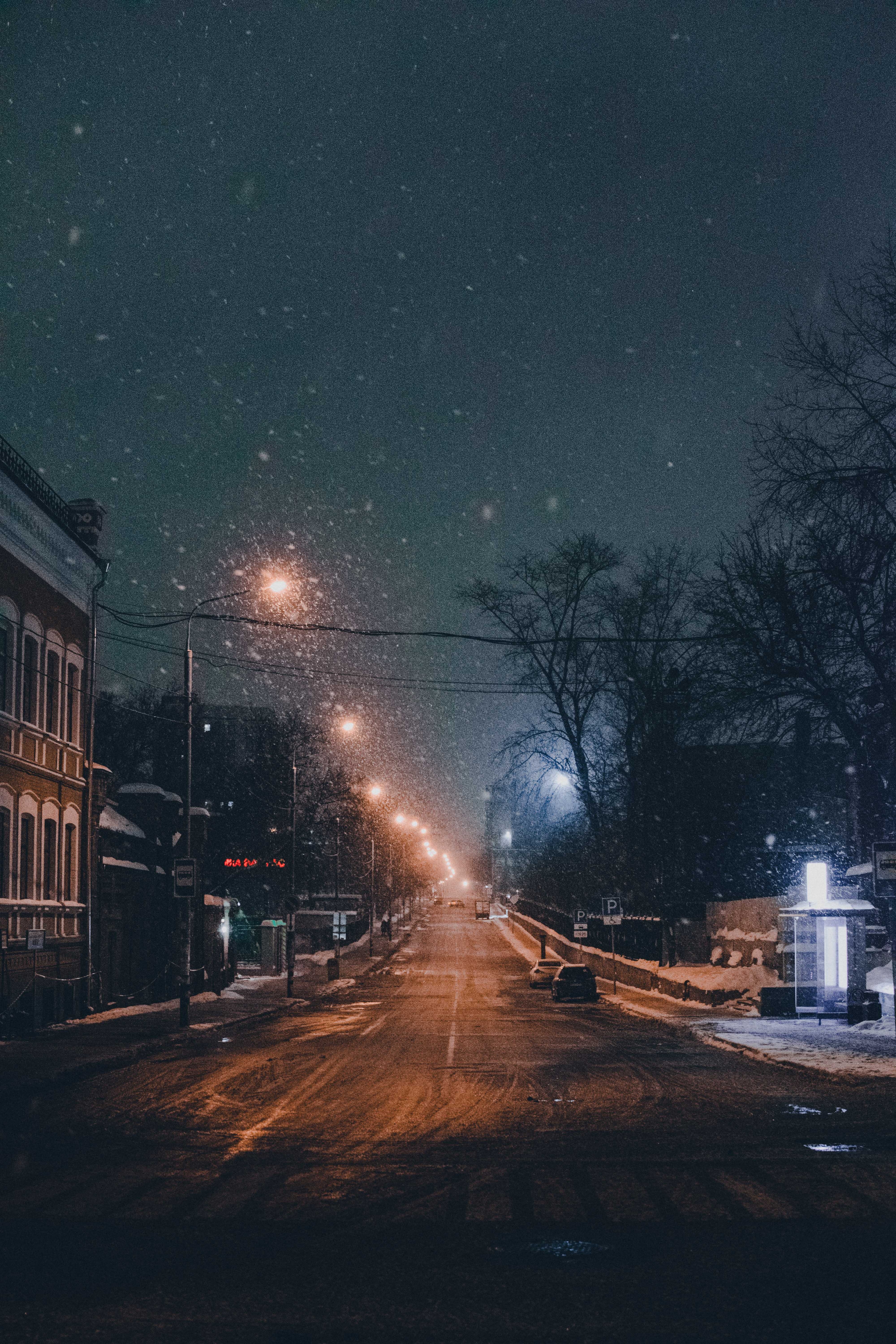 snowfall, twilight, cities, winter, road, night city, dusk 4K Ultra