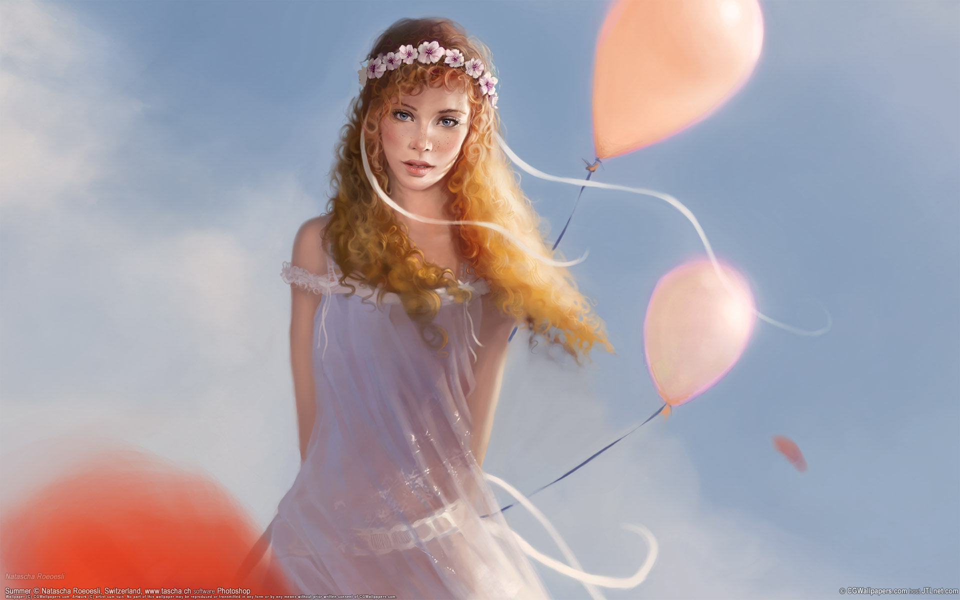 Download mobile wallpaper Fantasy, Balloon, Redhead, Women, Blue Eyes for free.