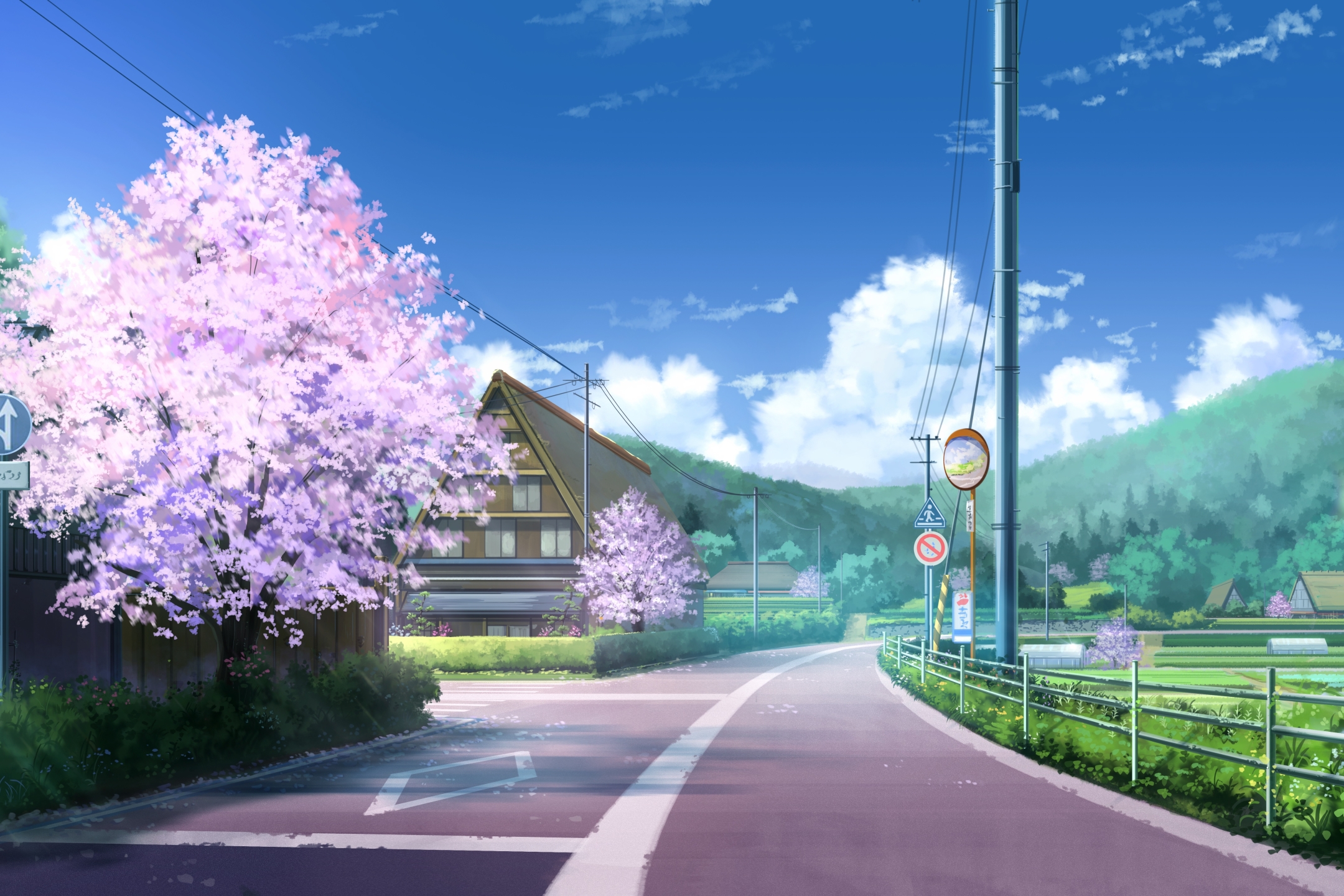 Free download wallpaper Anime, Sky, Road, Tree, Cloud on your PC desktop