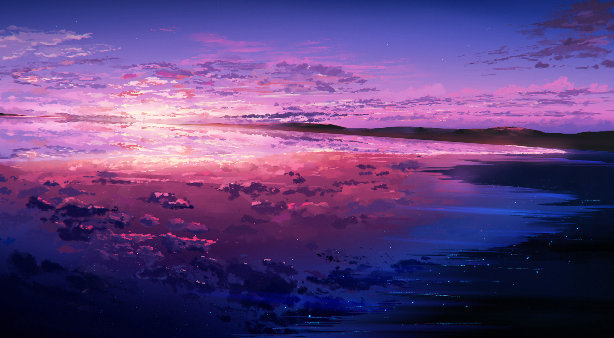 Handy-Wallpaper Ozean, Lila, Himmel, Sonnenuntergang, Animes, Spiegelung kostenlos herunterladen.