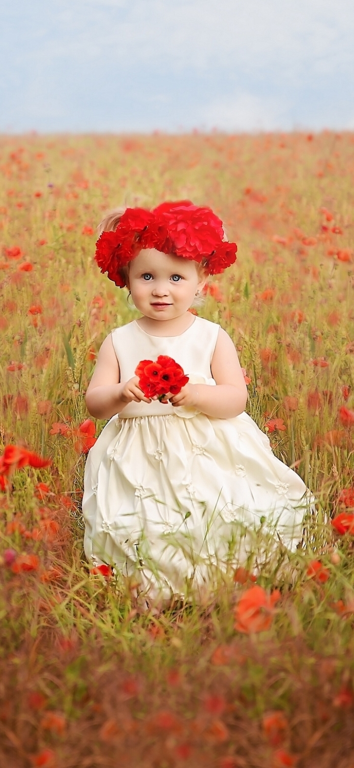 Download mobile wallpaper Child, Poppy, Wreath, Cute, Photography, Red Flower, Little Girl for free.