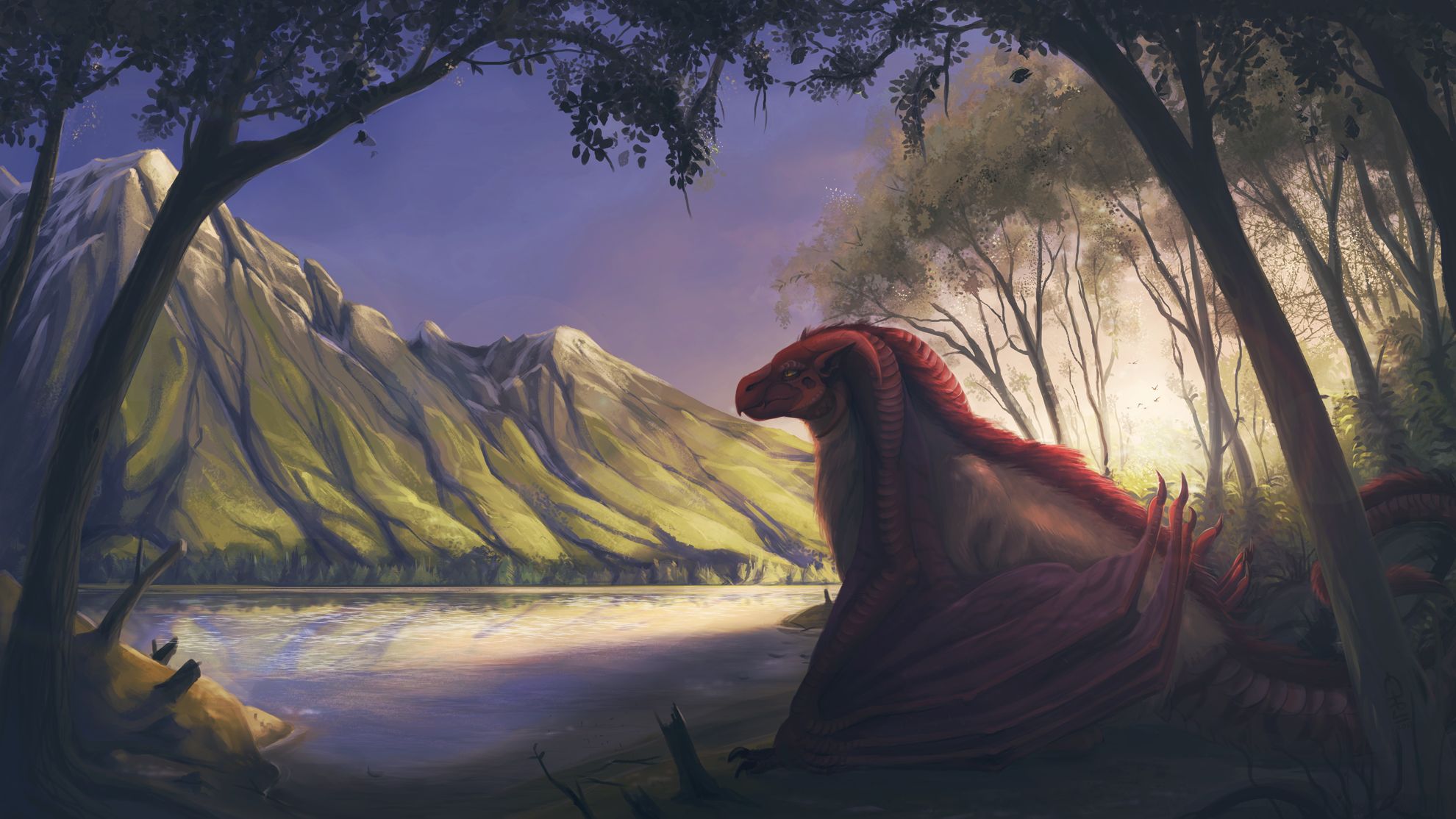 Download mobile wallpaper Fantasy, Mountain, Lake, Dragon for free.