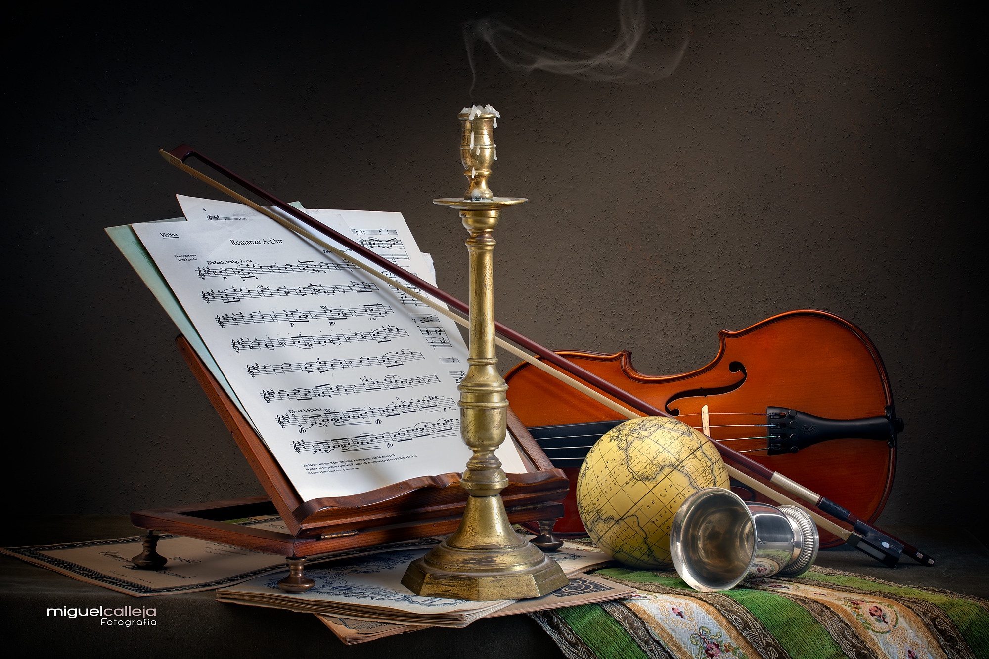 Download mobile wallpaper Music, Still Life, Globe, Violin, Sheet Music for free.
