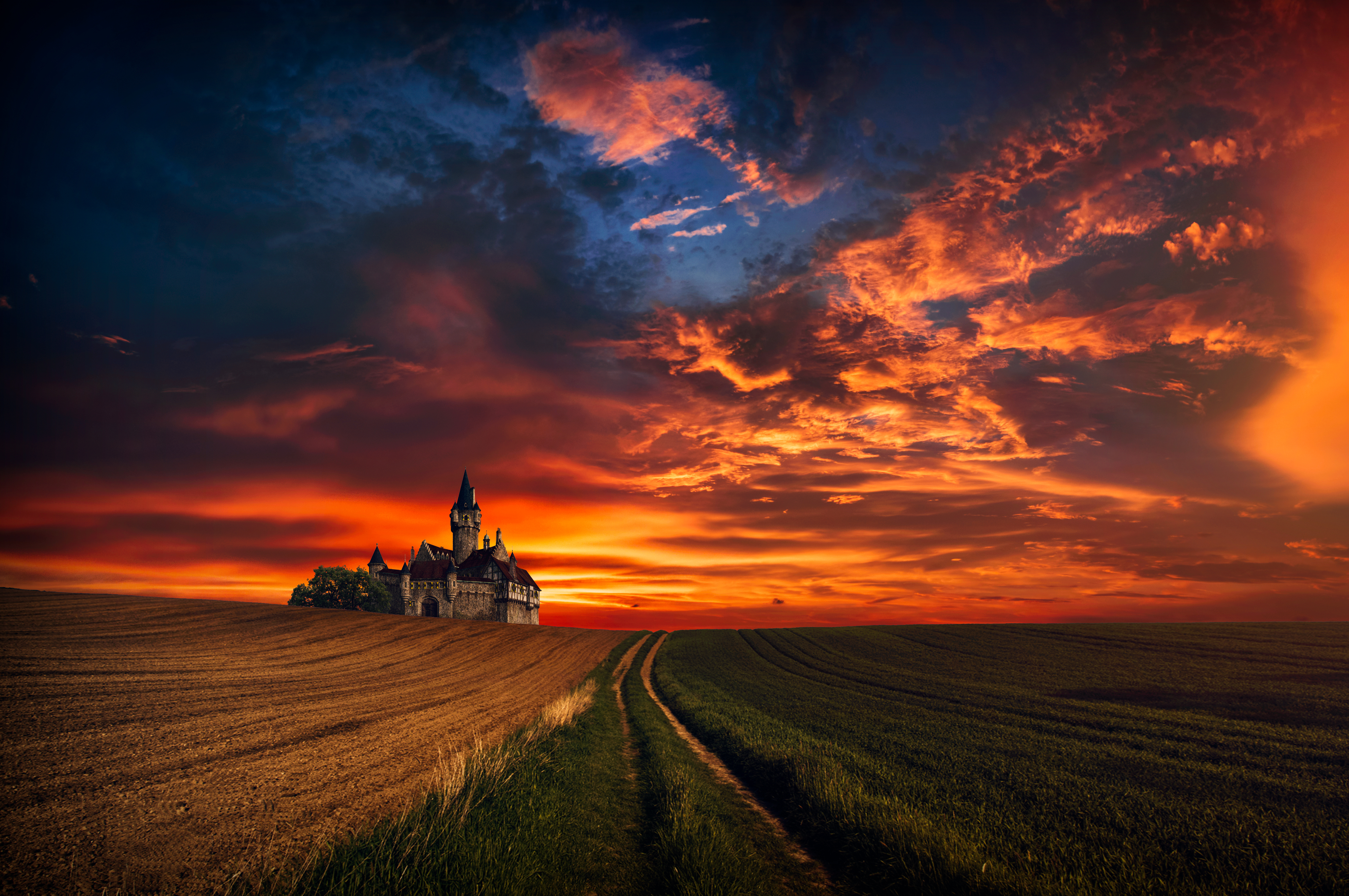 Download mobile wallpaper Fantasy, Sunset, Grass, Wheat, Field, Photography, Castle, Manipulation for free.