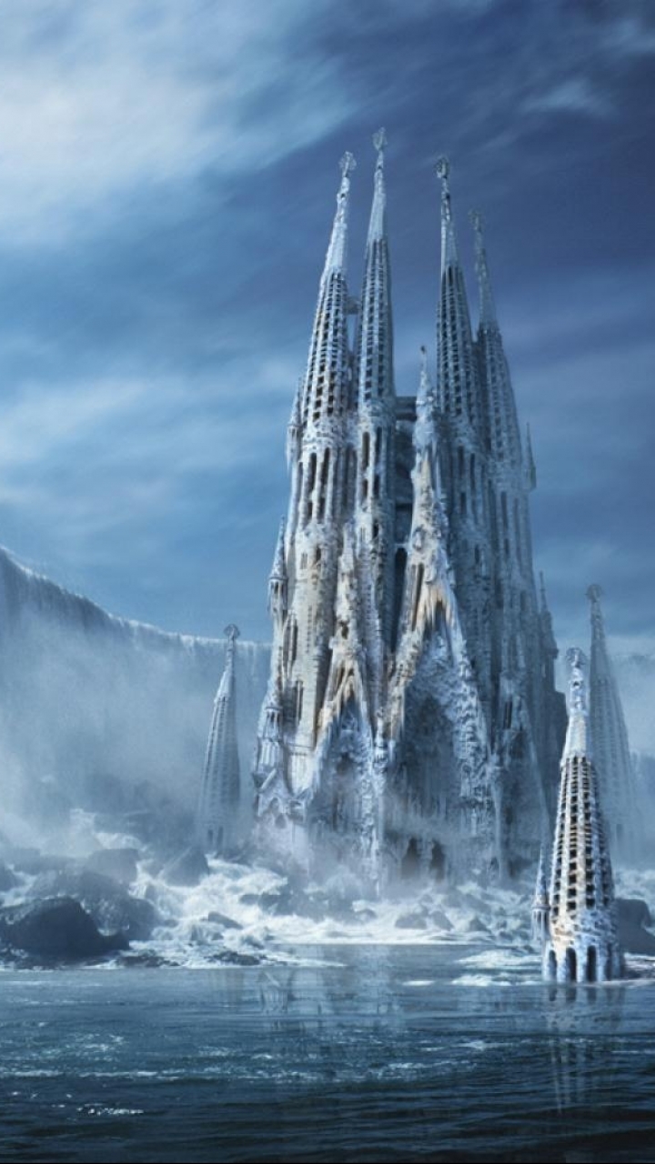 Download mobile wallpaper Fantasy, Sky, Ice, Snow, Castles, Ocean, Unicorn, Castle for free.
