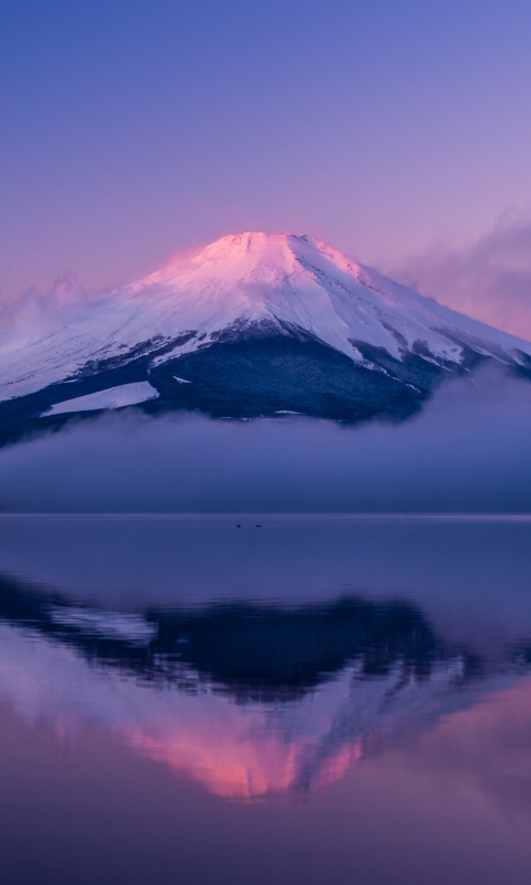 Download mobile wallpaper Reflection, Fog, Earth, Japan, Volcano, Mount Fuji, Volcanoes, Summit for free.