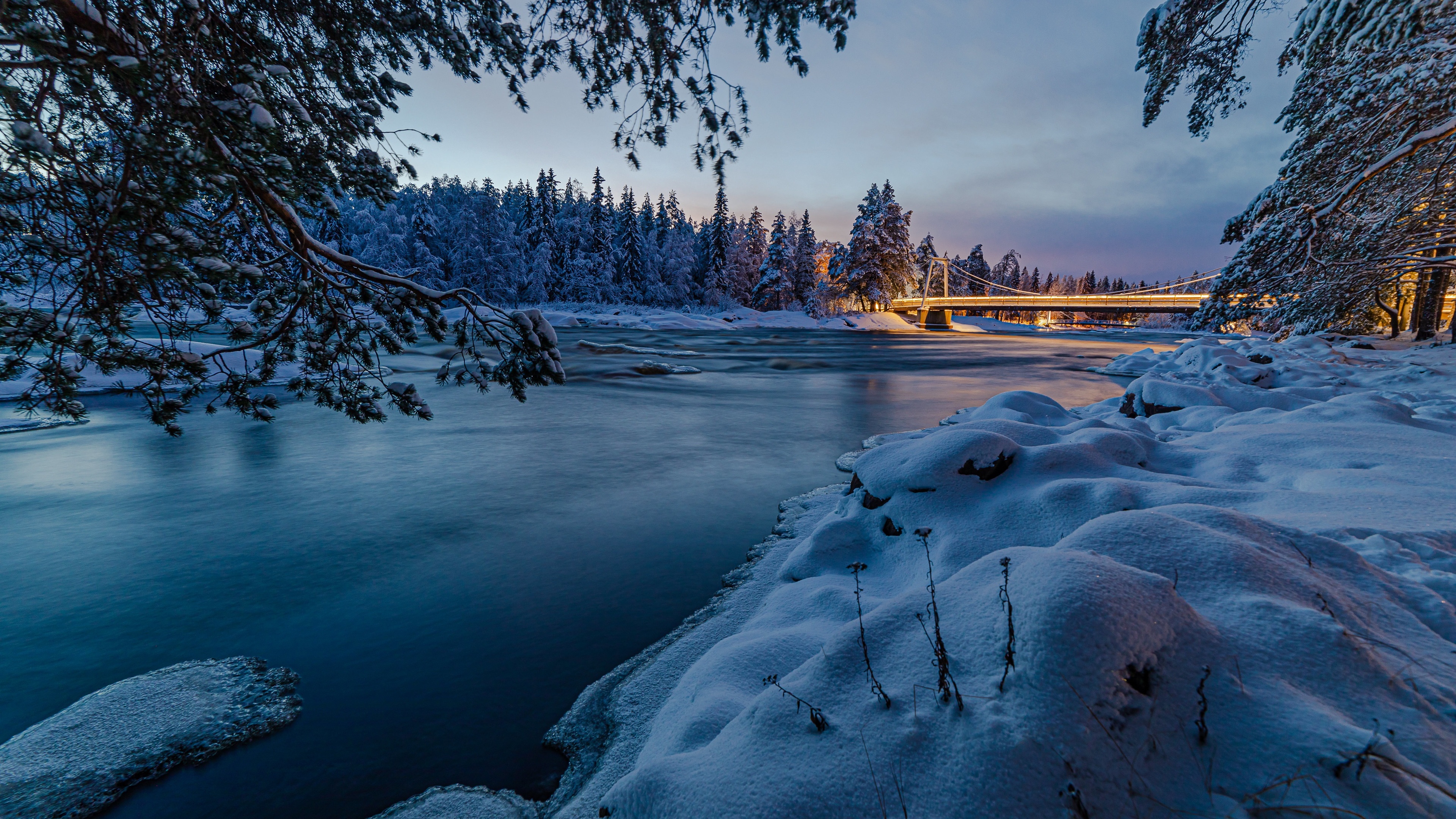 Free download wallpaper Winter, Bridges, Night, Forest, Bridge, River, Man Made on your PC desktop