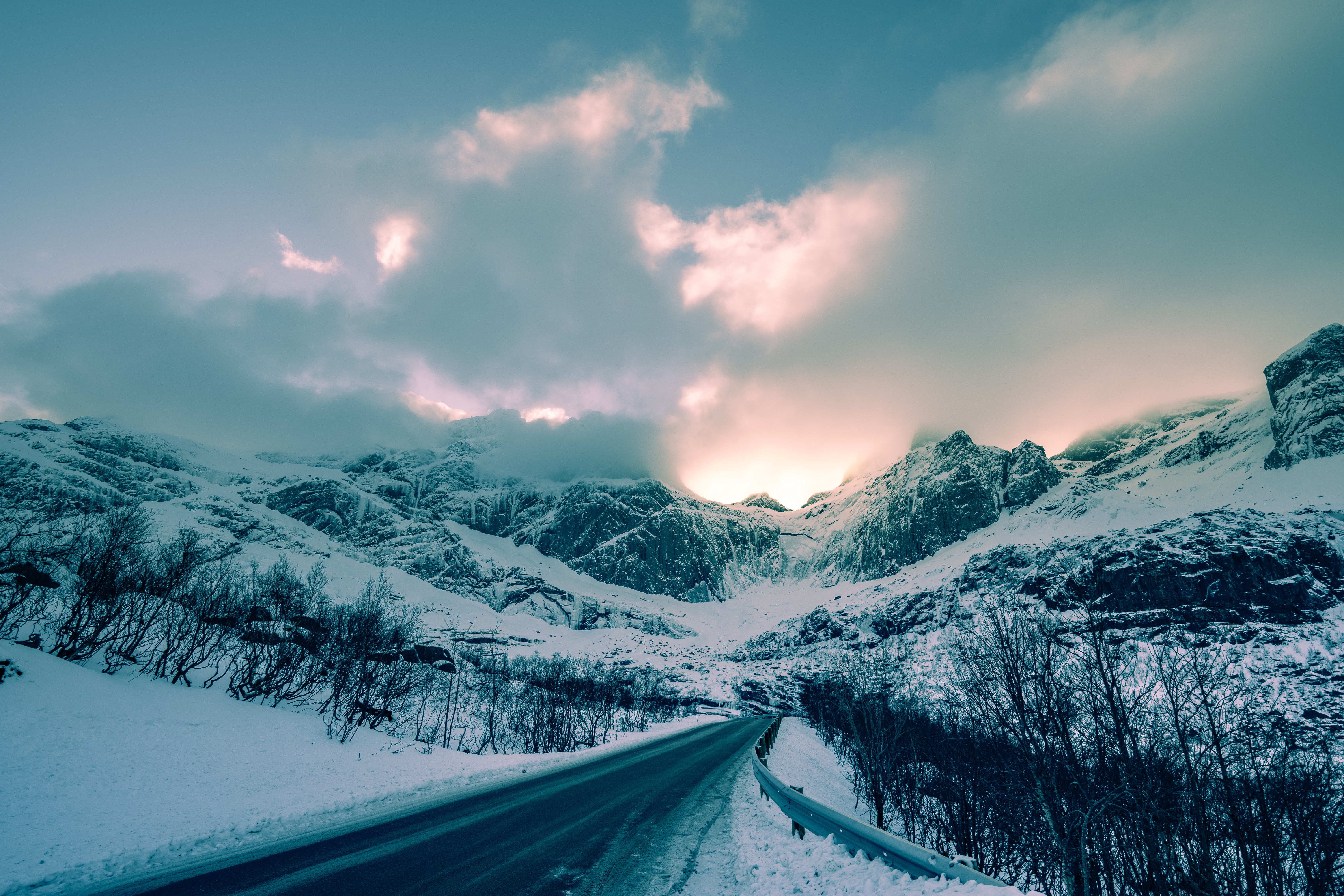 Free download wallpaper Winter, Nature, Mountains, Snow, Road, Norway, Clouds on your PC desktop