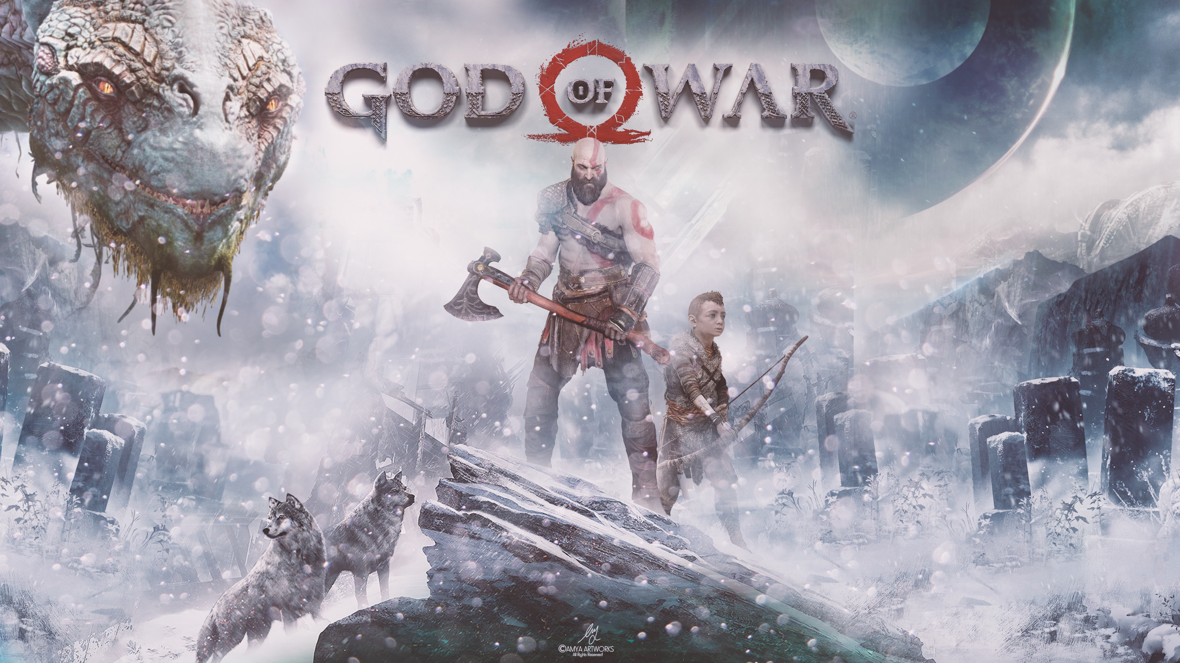 437442 descargar imagen god of war, atreo (dios de la guerra), videojuego, dios de la guerra (2018), arquero, hacha, calvo, kratos (dios de la guerra), monstruo de mar, lobo: fondos de pantalla y protectores de pantalla gratis