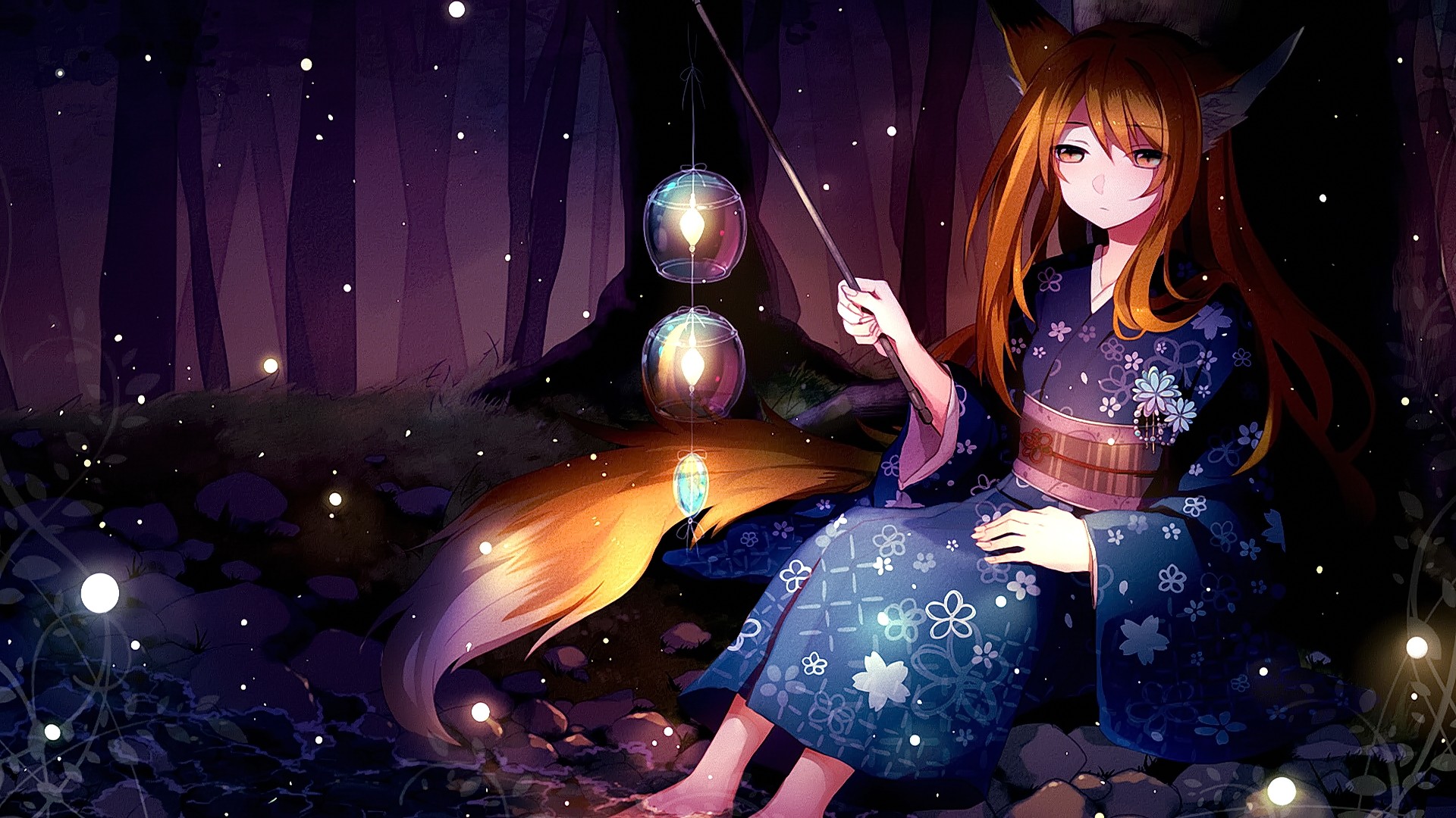 girl, anime, animal ears, brown hair, forest, kimono, kitsune, lantern, long hair, night