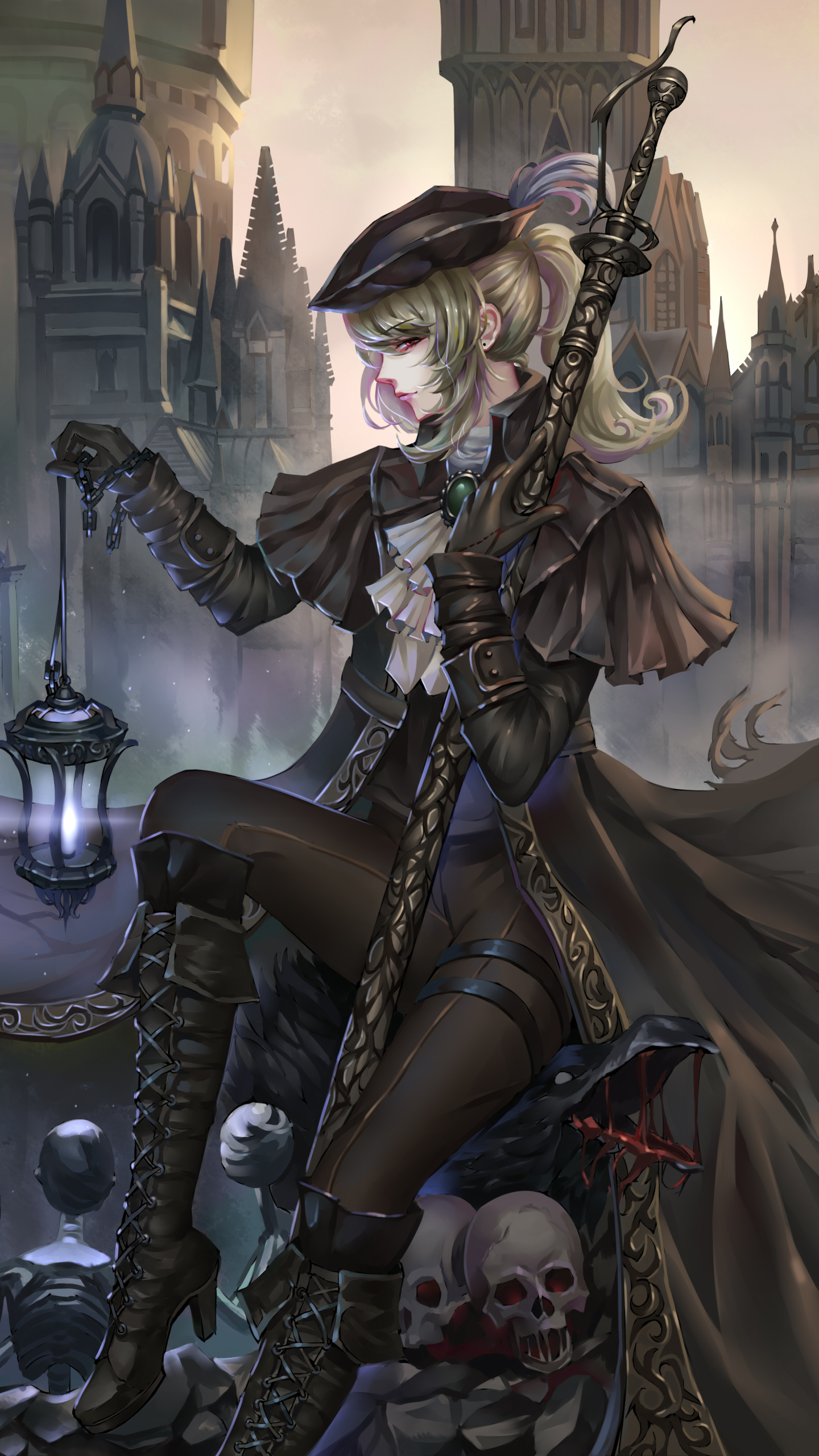 lady maria (bloodborne), video game, bloodborne, sunrise, weapon, ponytail, lantern, sword, long hair, green hair, boots, skeleton