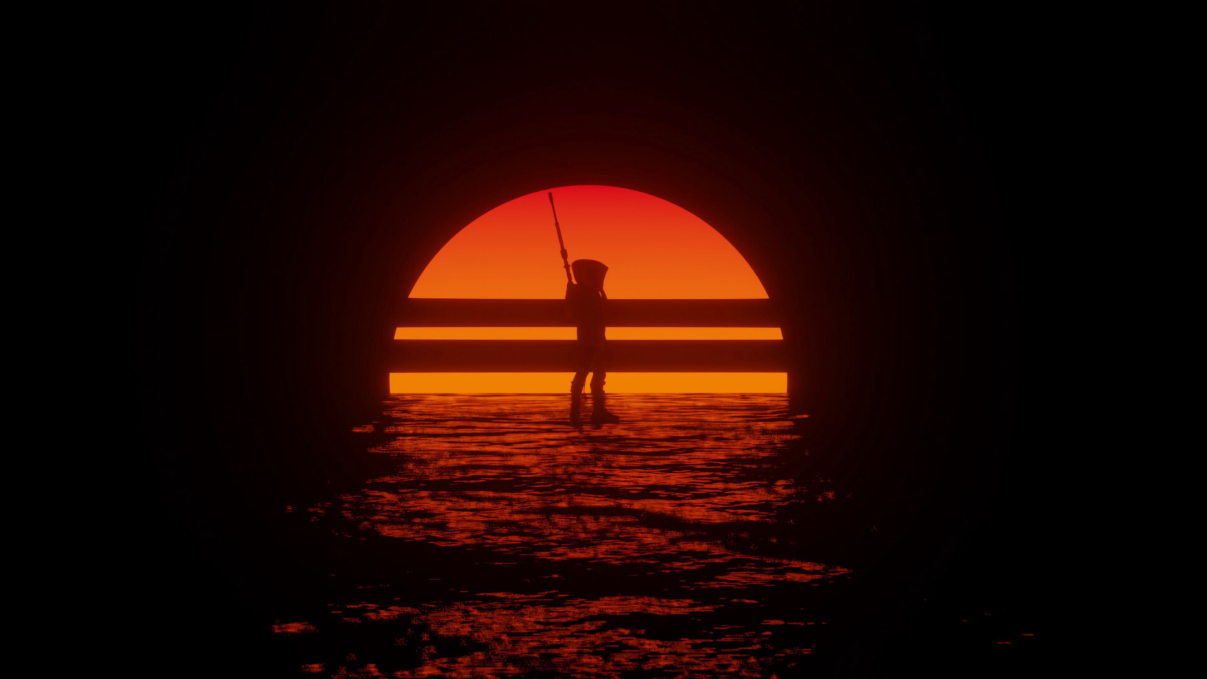 Free download wallpaper Sunset, Silhouette, Art, Cyborg on your PC desktop
