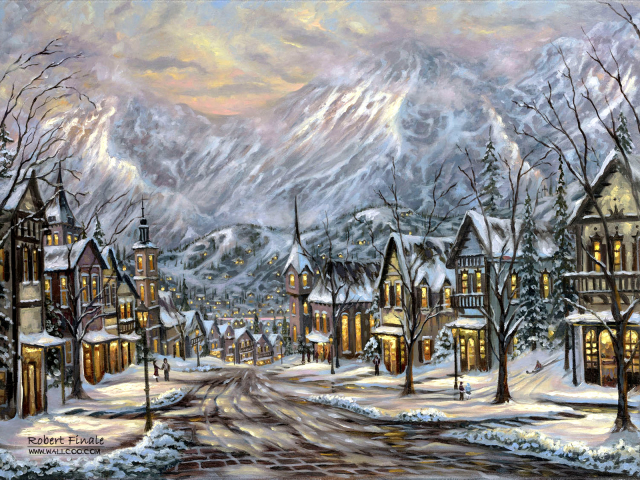Download mobile wallpaper Winter, Snow, Mountain, House, Austria, Village, Painting, Street, Artistic for free.