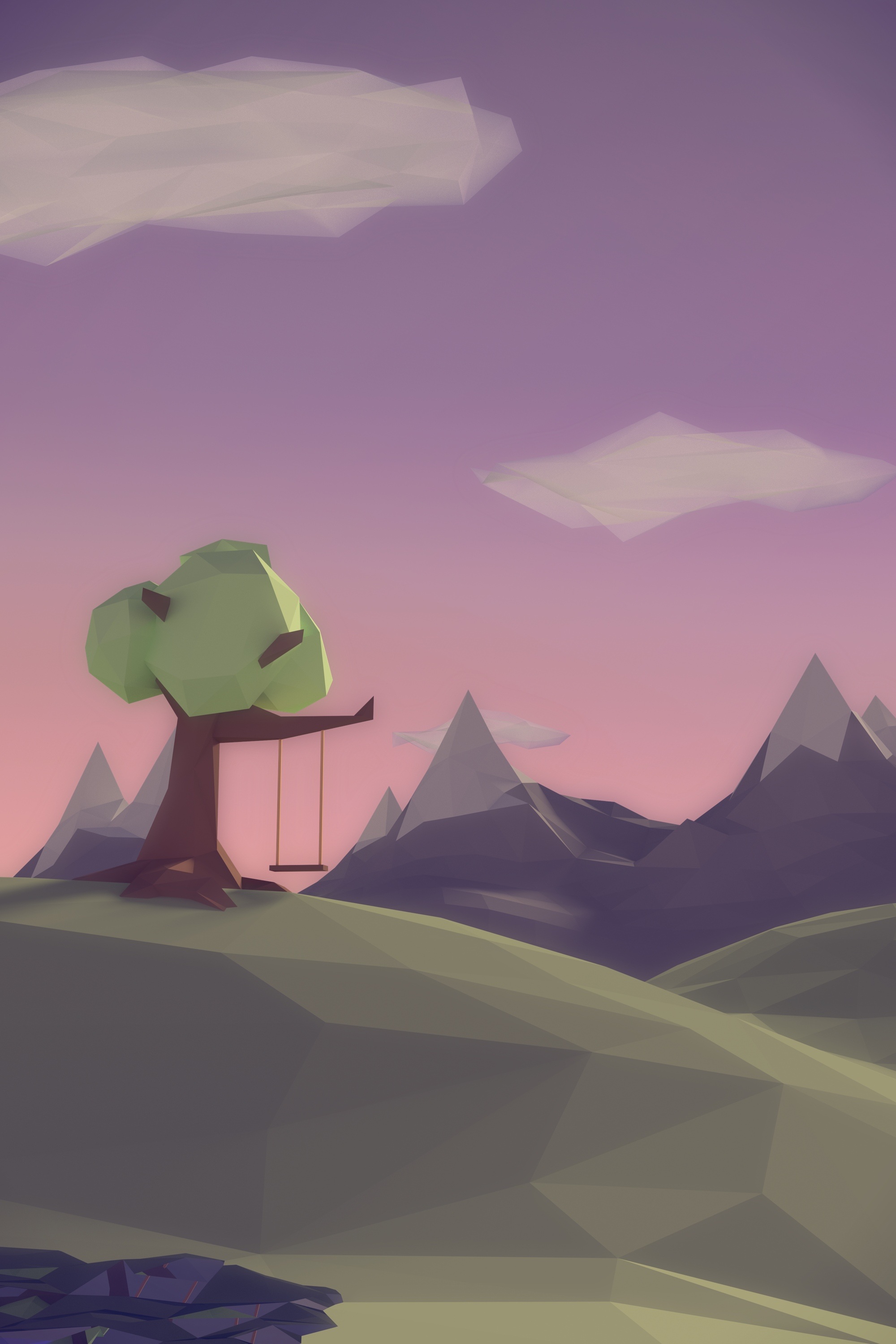 swing, landscape, mountains, wood, tree, 3d, rendering, polygon