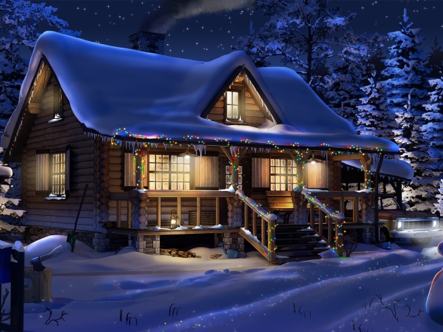 Laden Sie das Winter, Schnee, Hütte, Nacht, Kabine, Künstlerisch, Weihnachtsbeleuchtung-Bild kostenlos auf Ihren PC-Desktop herunter