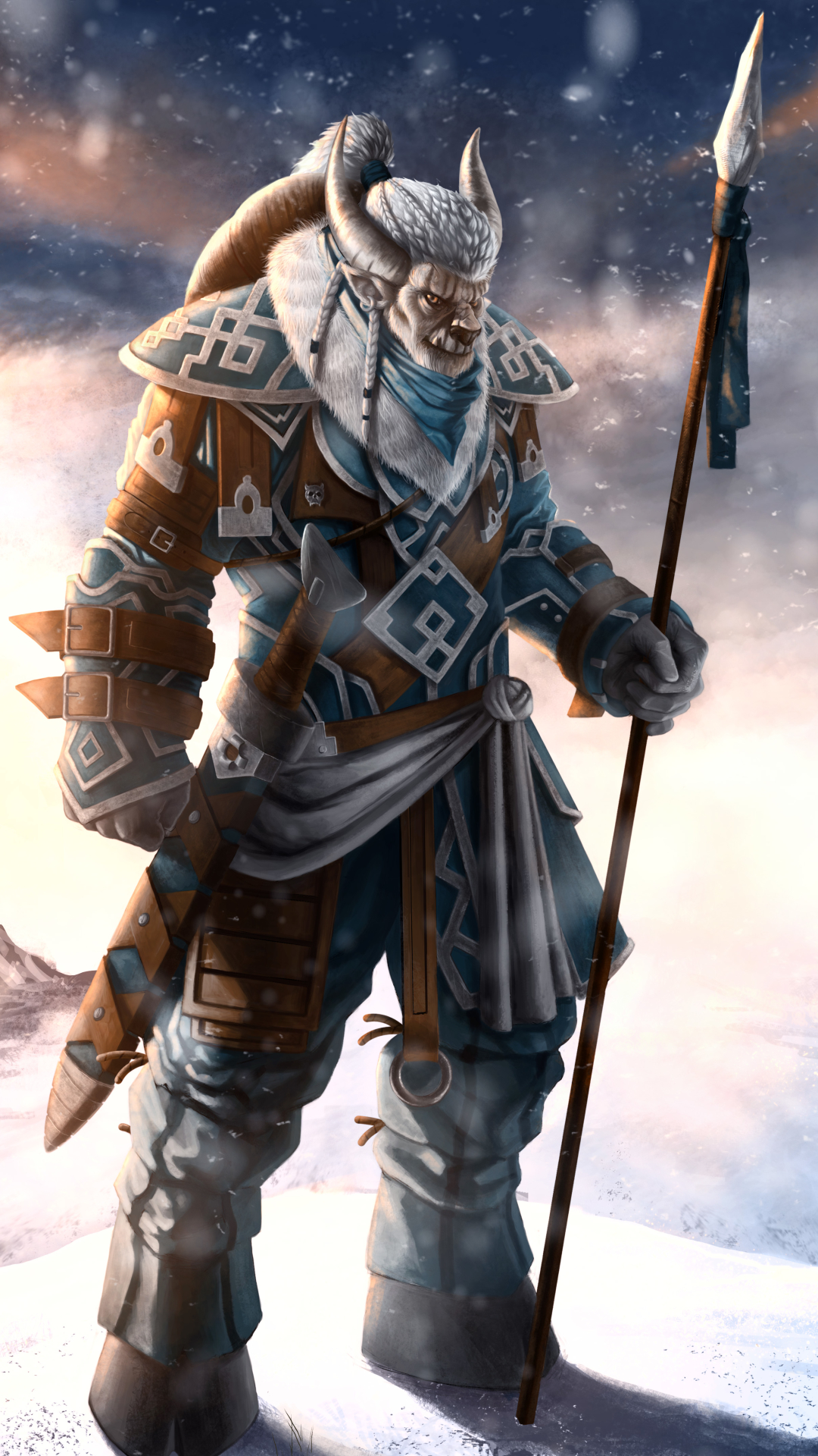 Download mobile wallpaper Winter, Fantasy, Warrior, Horns, Snowfall for free.