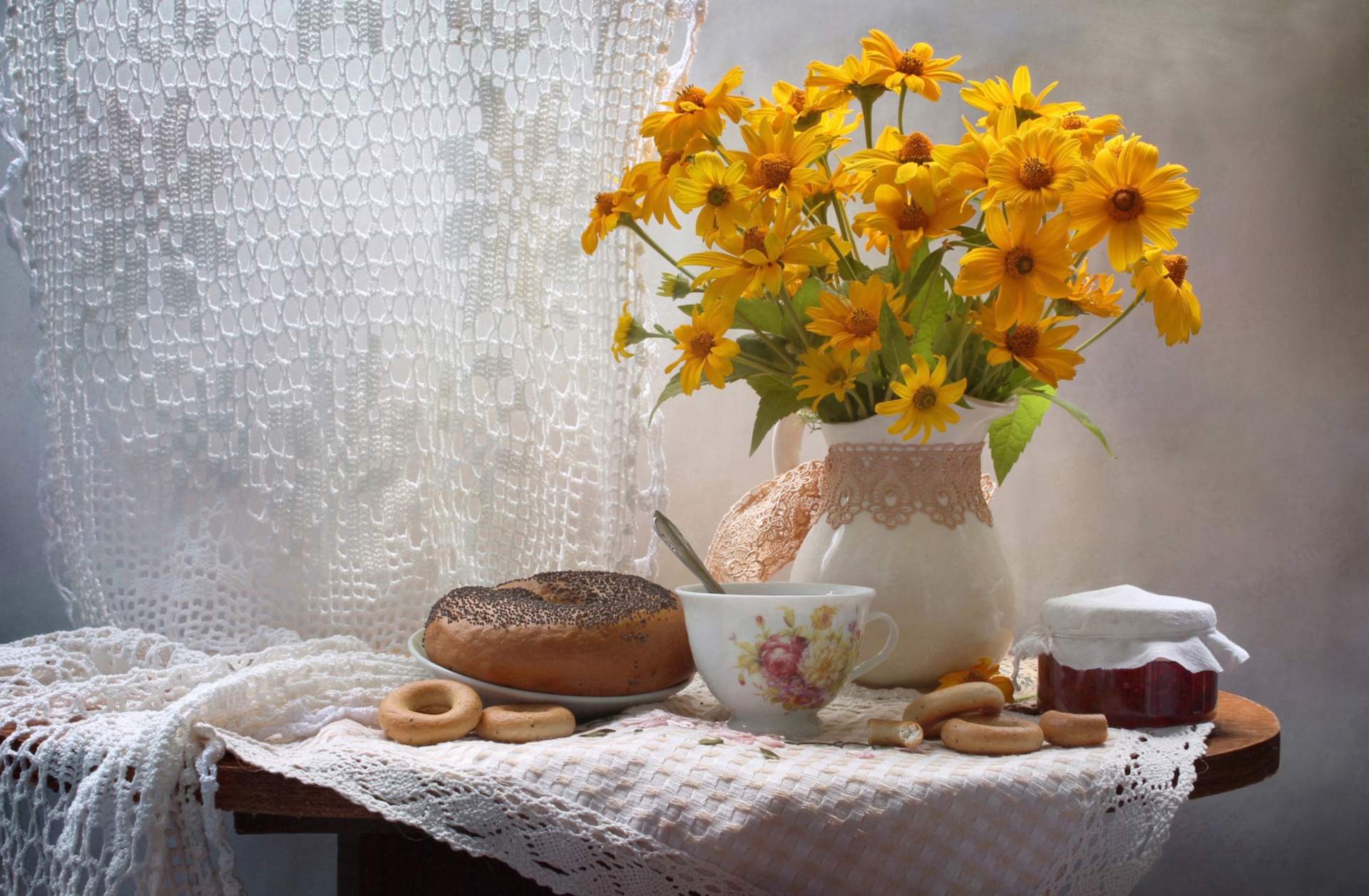 Download mobile wallpaper Still Life, Bouquet, Photography, Yellow Flower, Bagel for free.