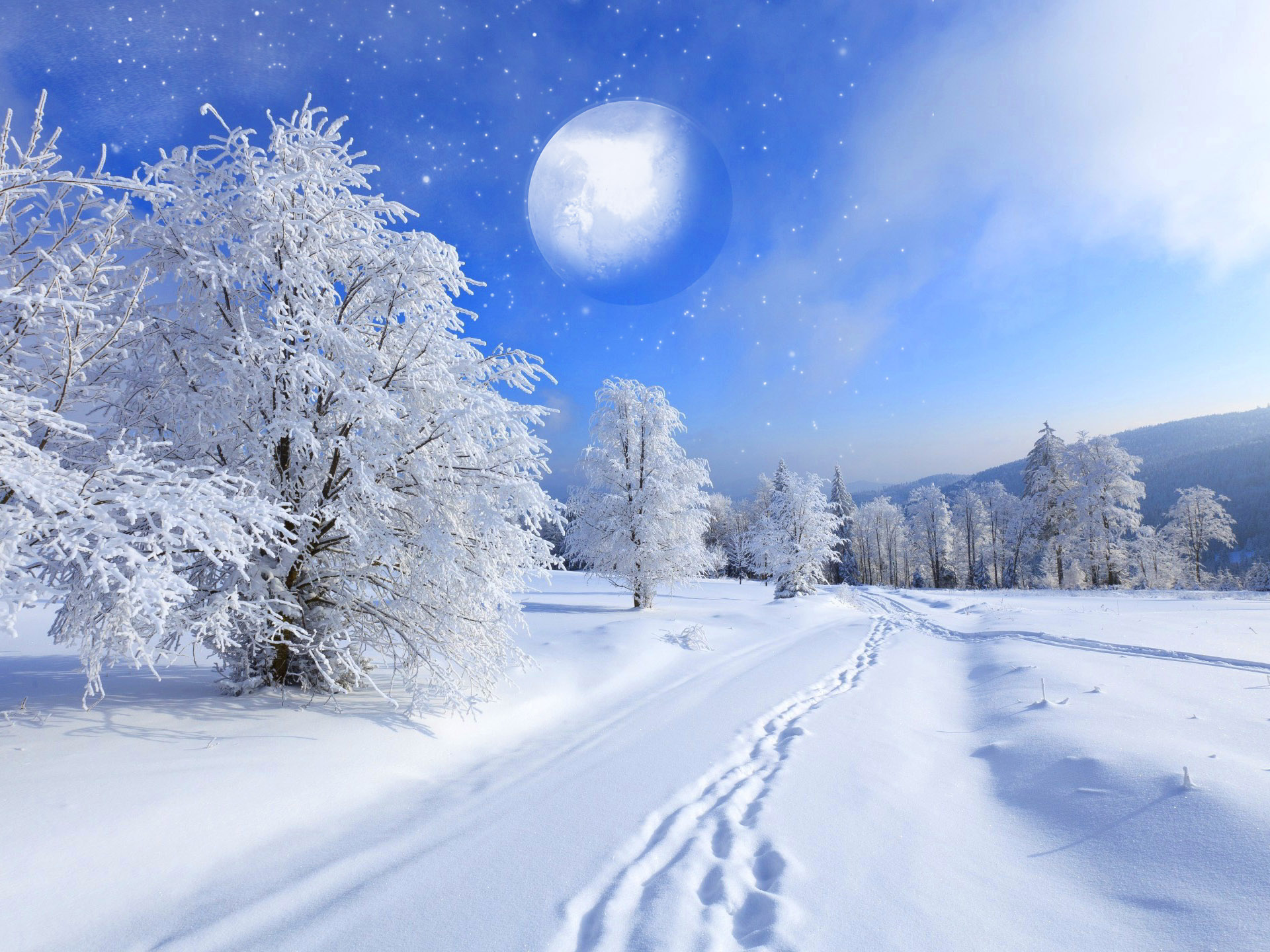 Скачать обои бесплатно Зима, Луна, Снег, Лес, Дерево, Планета, Фантастика, Ландшафт, Художественные картинка на рабочий стол ПК