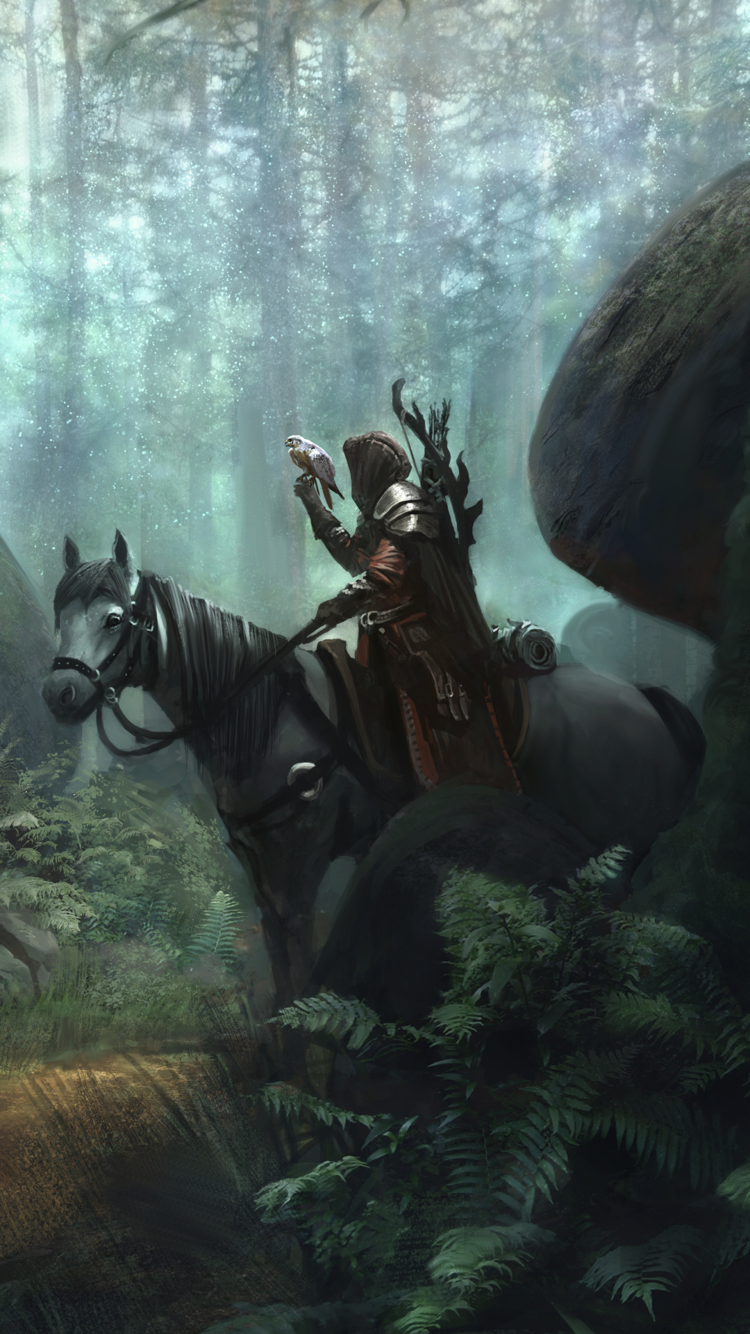 Download mobile wallpaper Fantasy, Fern, Forest, Warrior, Horse for free.