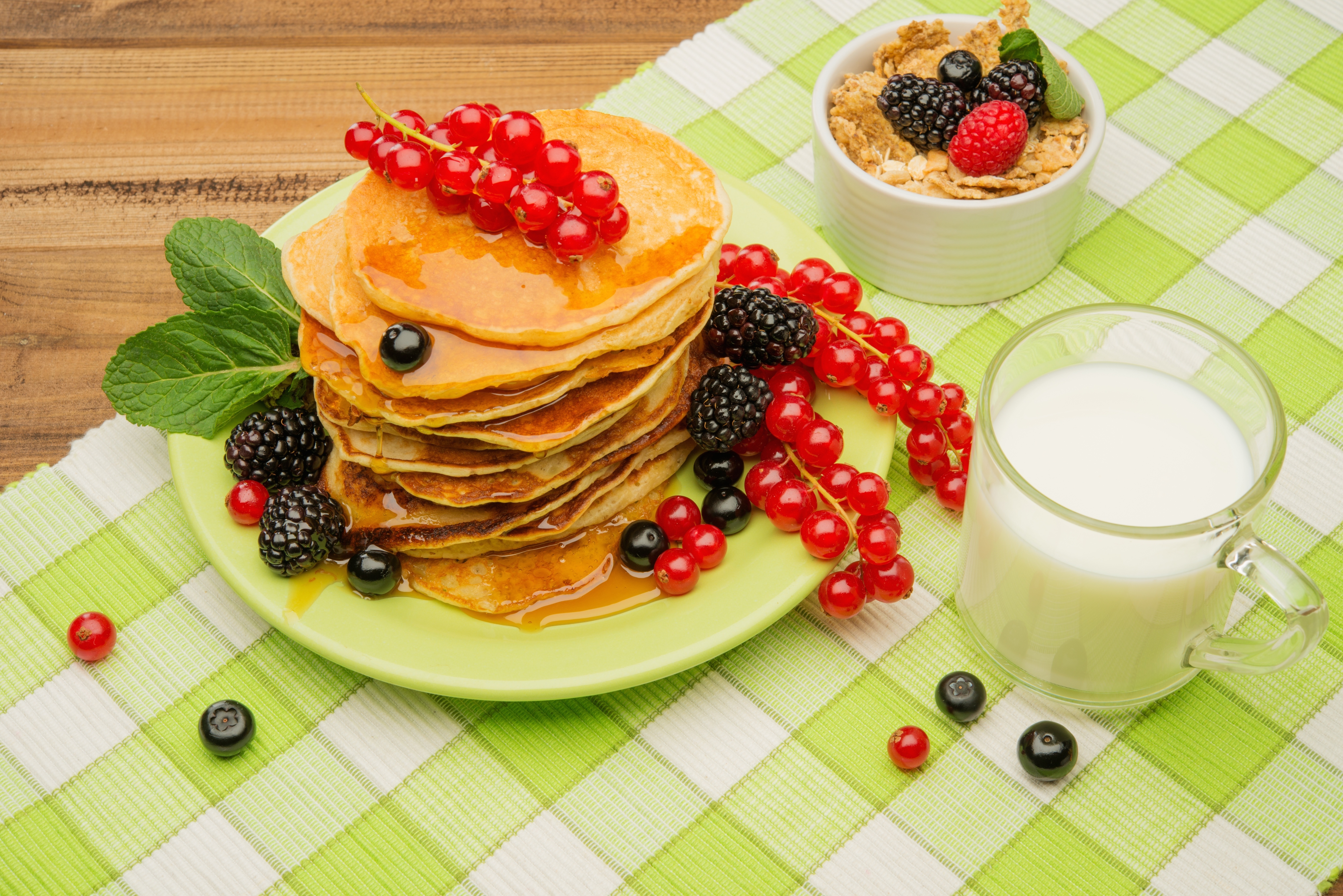 Download mobile wallpaper Food, Blackberry, Honey, Muesli, Breakfast, Milk, Pancake, Currants for free.