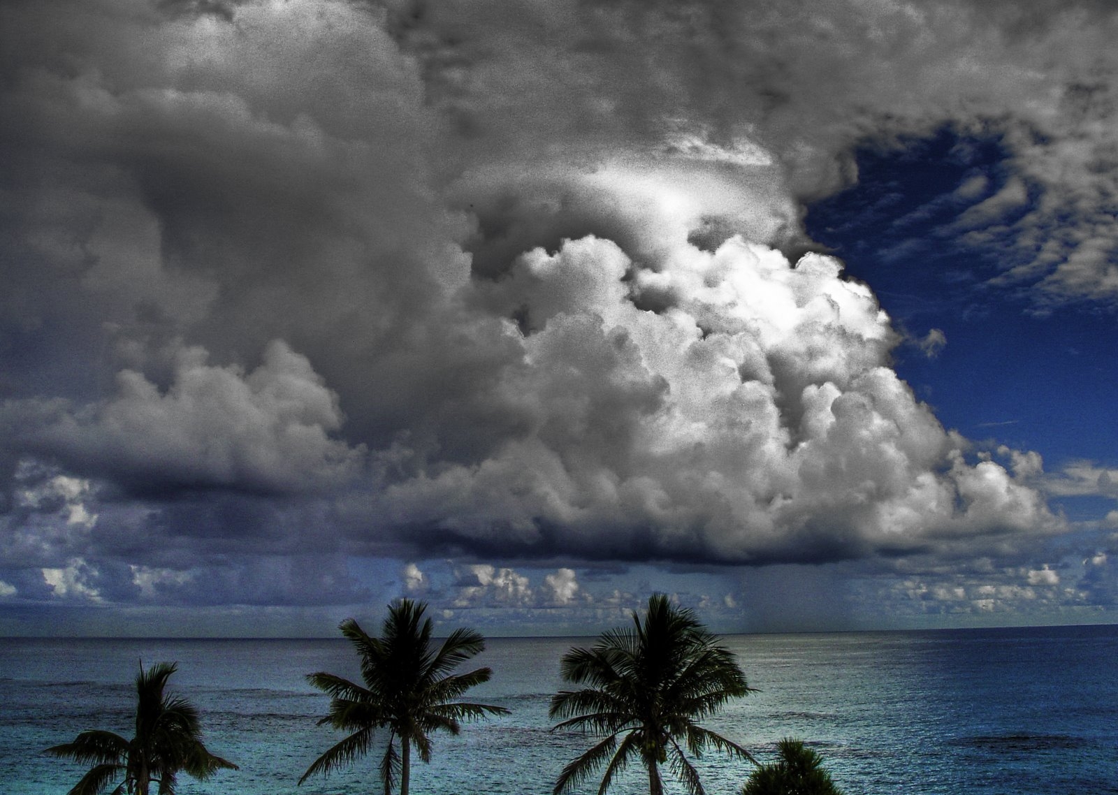 93832 завантажити картинку природа, небо, море, хмари, пальми, об'ємні - шпалери і заставки безкоштовно
