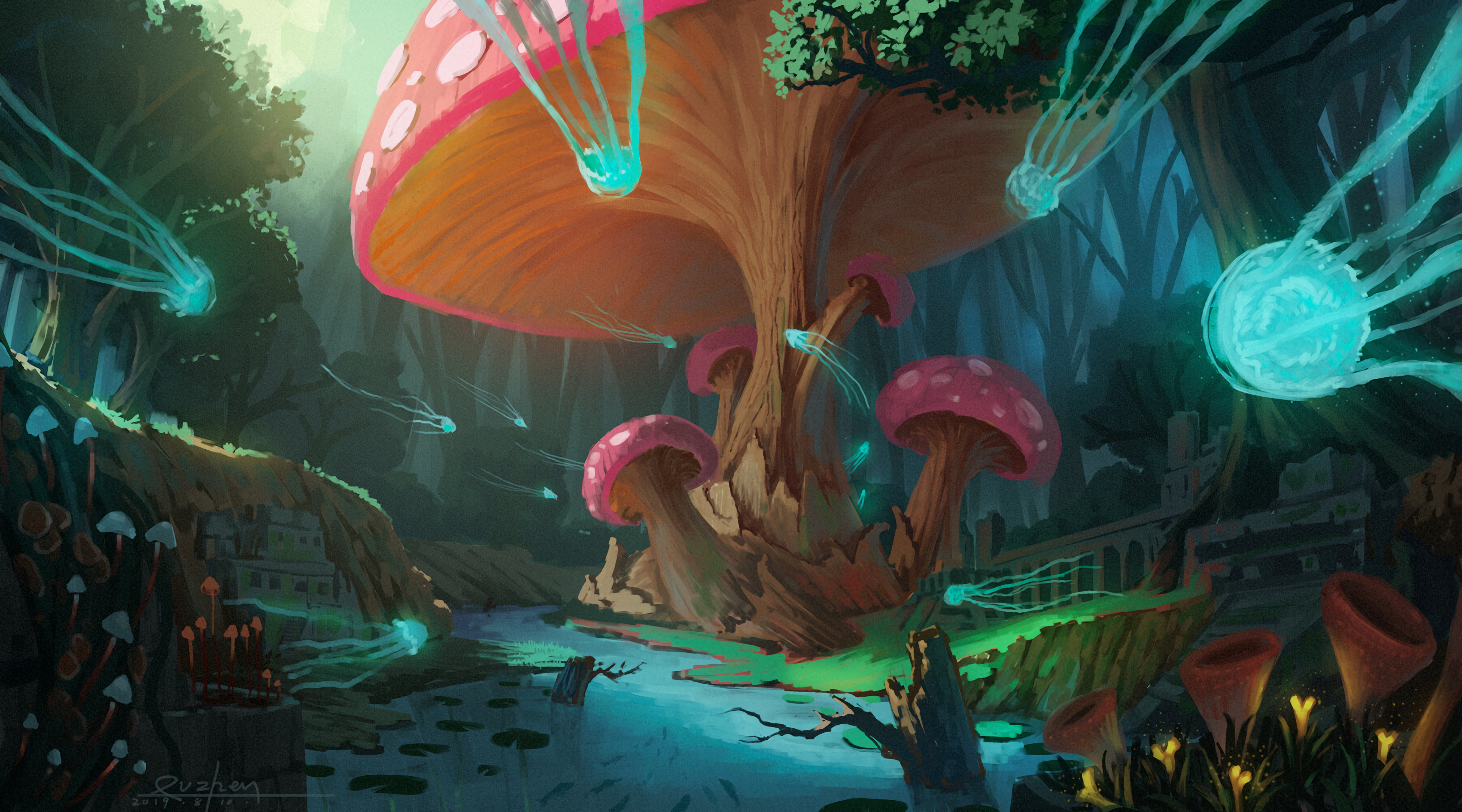 art, jellyfish, mashrooms, wood, tree, fiction, that's incredible HD for desktop 1080p
