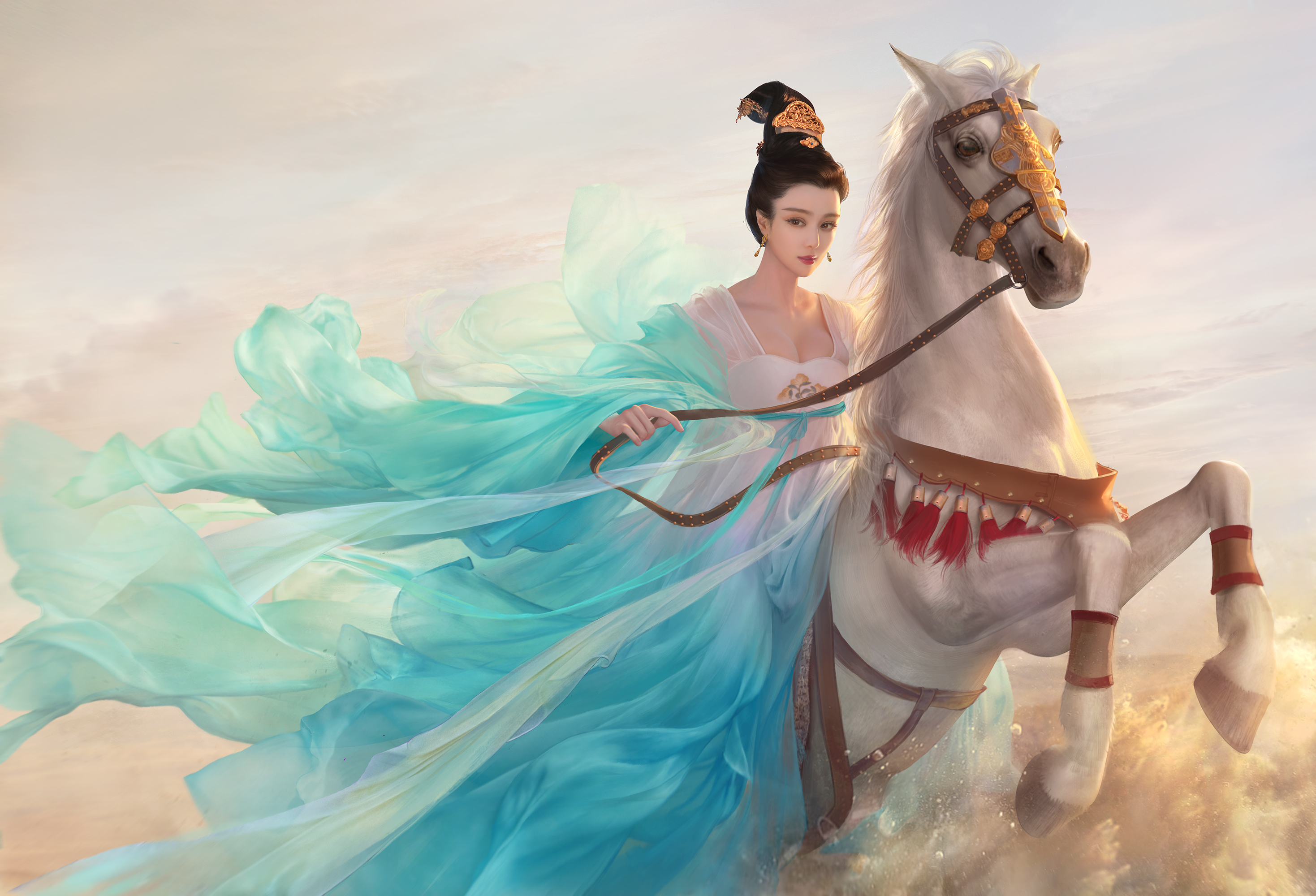 Free download wallpaper Fantasy, Horse, Women, Asian on your PC desktop