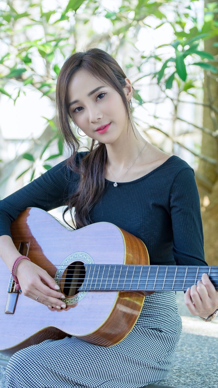Download mobile wallpaper Guitar, Brunette, Model, Women, Asian, Lipstick for free.