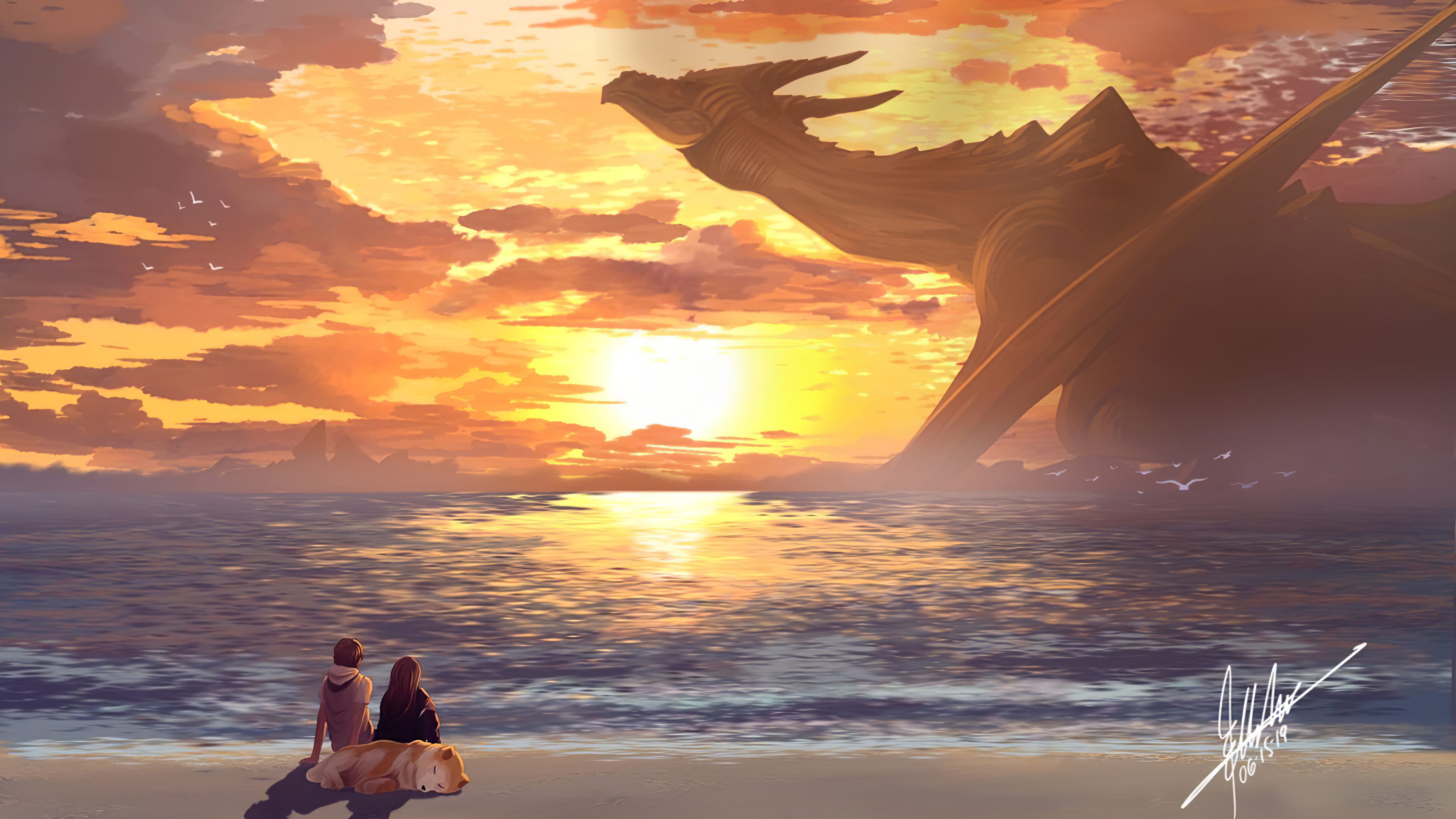 Free download wallpaper Fantasy, Sunset, Beach, Horizon, Couple, Dog, Dragon on your PC desktop