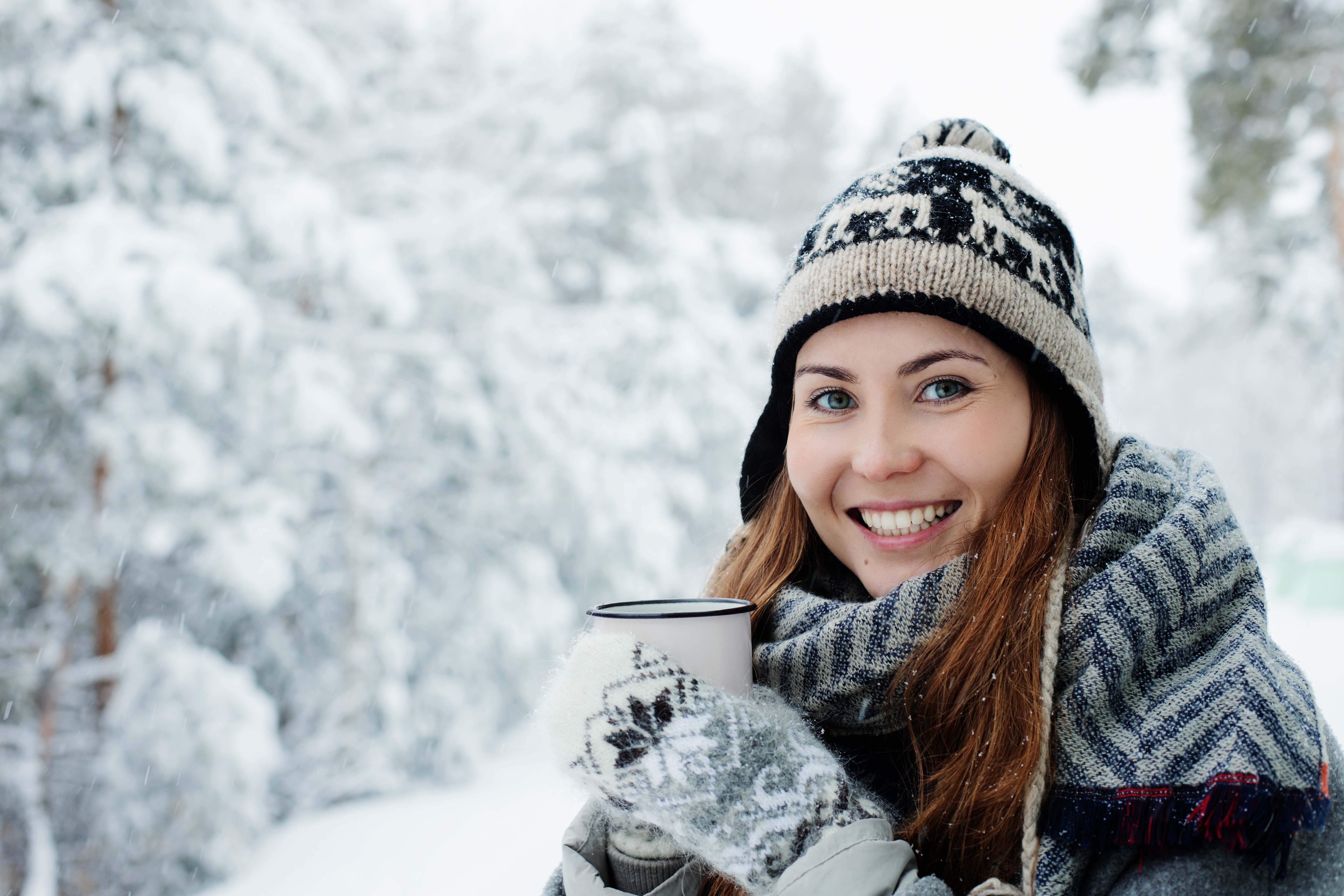 Download mobile wallpaper Winter, Smile, Redhead, Hat, Model, Women, Depth Of Field for free.