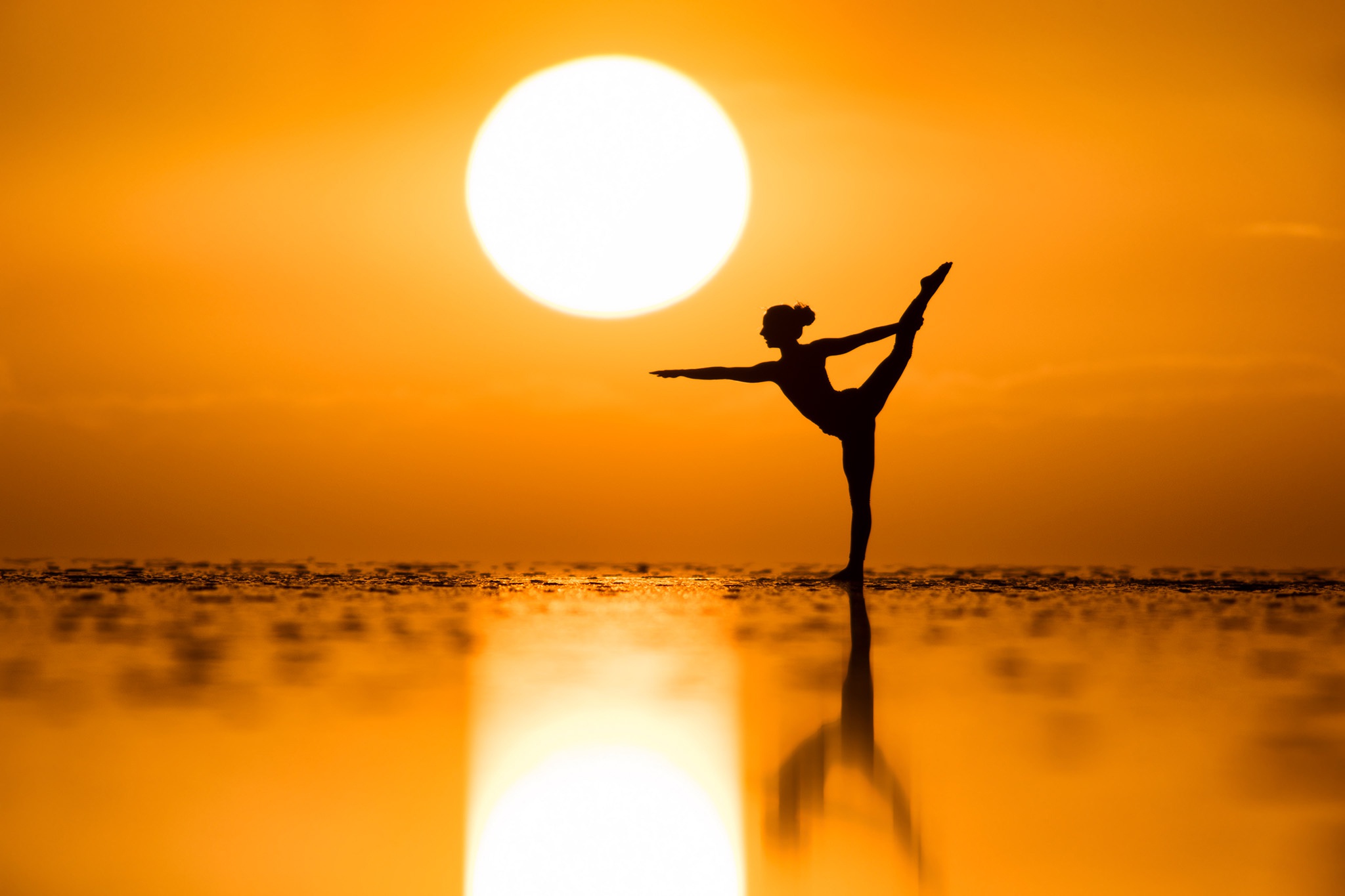 yoga, women, reflection, silhouette, sun, sunset