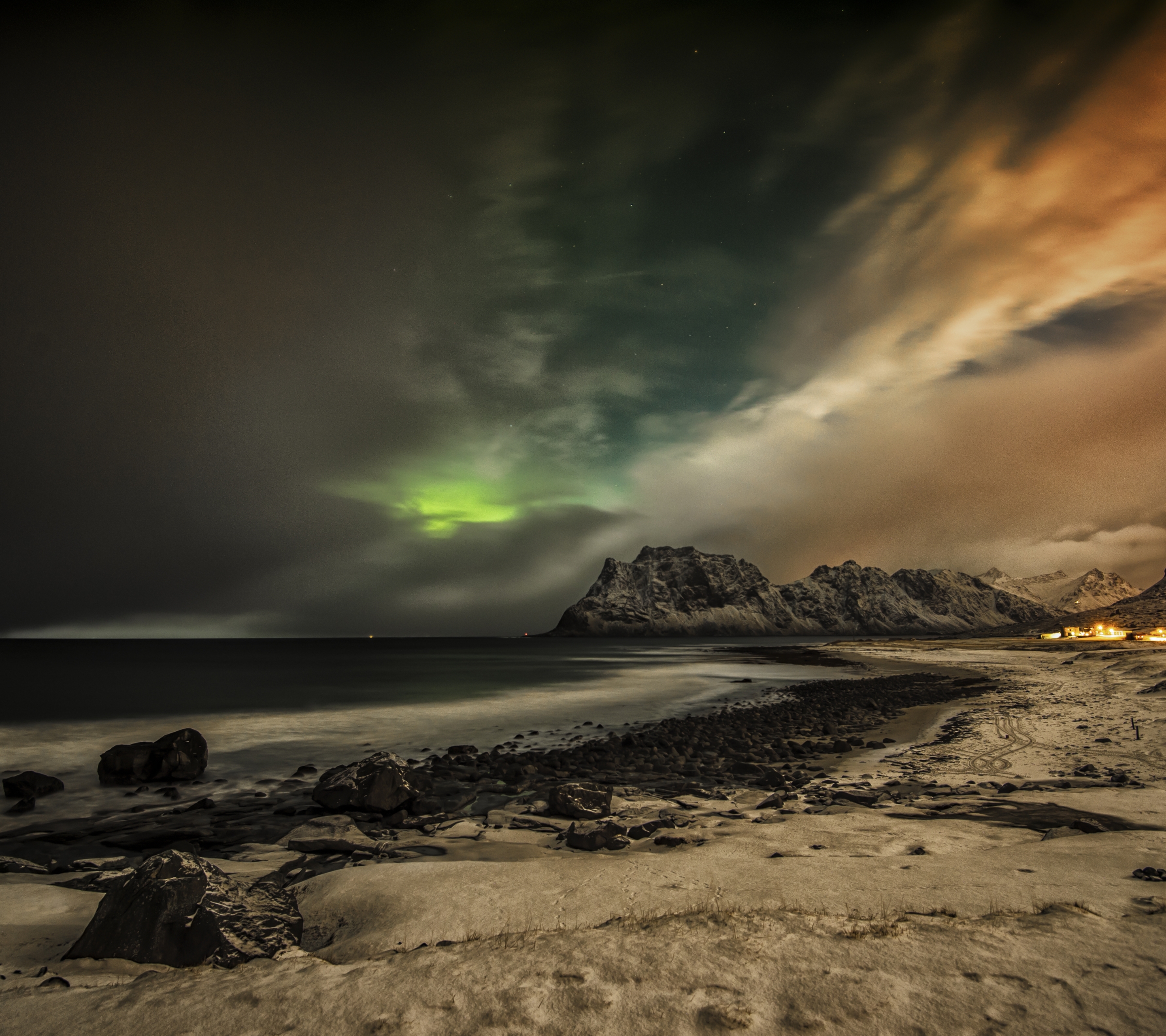 Baixar papel de parede para celular de Praia, Aurora Boreal, Ártico, Noruega, Ilhas Lofoten, Terra/natureza gratuito.