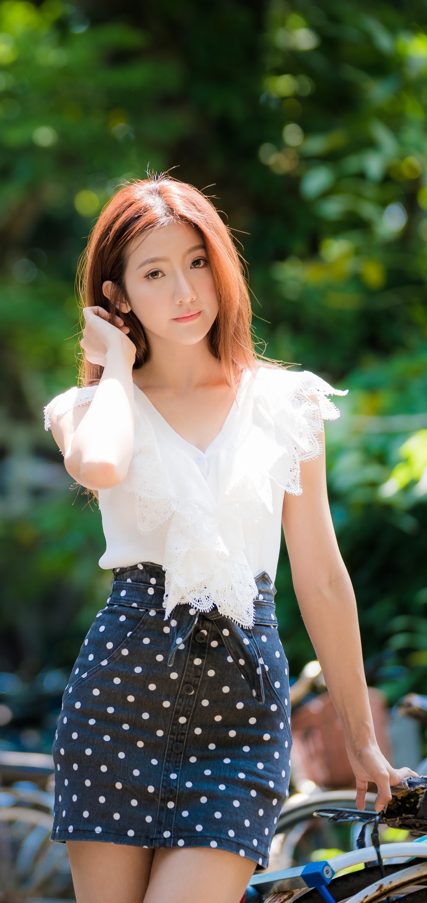 Download mobile wallpaper Skirt, Women, Asian, Depth Of Field for free.