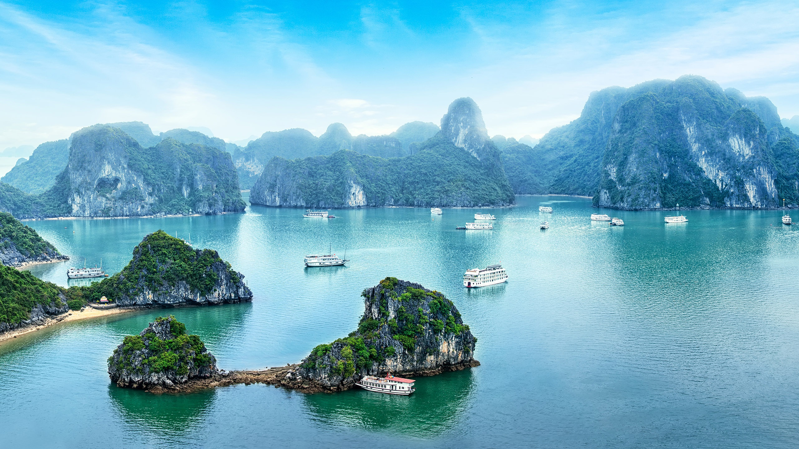 Free download wallpaper Sea, Mountain, Boat, Ship, Bay, Vietnam, Vehicles on your PC desktop
