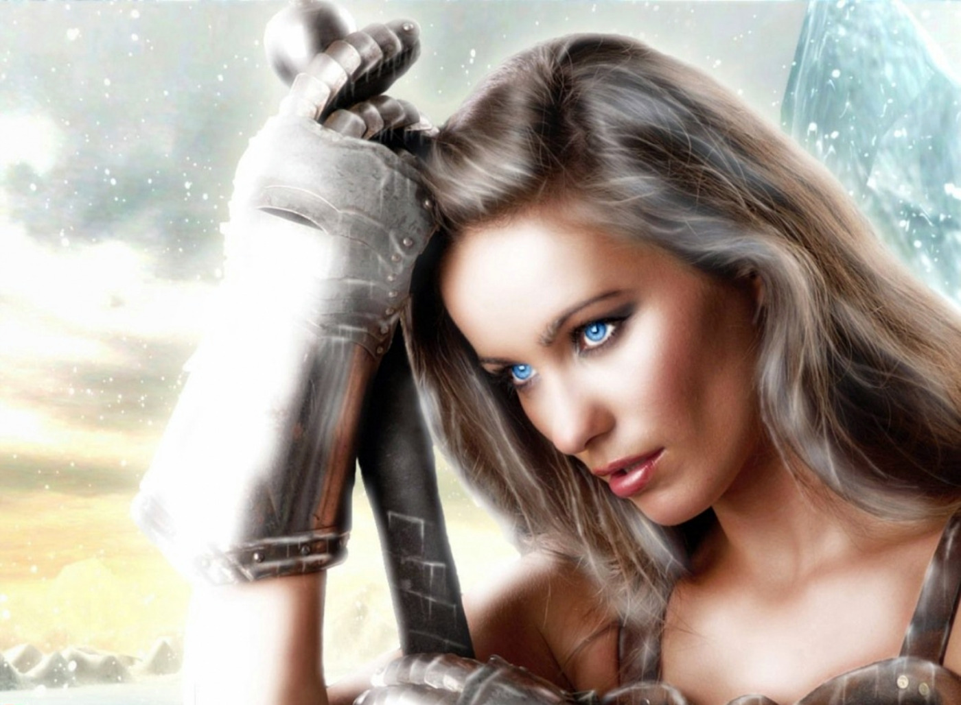1080266 descargar fondo de pantalla mujeres guerrera, fantasía, guantelete, nieve, espada, guerrero, mujer guerrera: protectores de pantalla e imágenes gratis